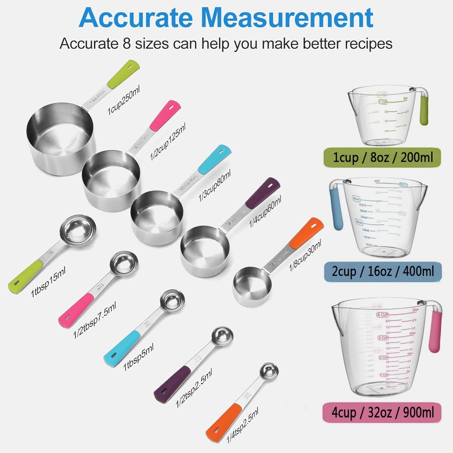 Square 14-Piece Measuring Cups and Spoons Set, Nesting Stainless Steel Measuring Cups Spoons with Plastic Measuring Cup for Dry and Liquid Ingredients, Kitchen Cooking & Baking Gadgets