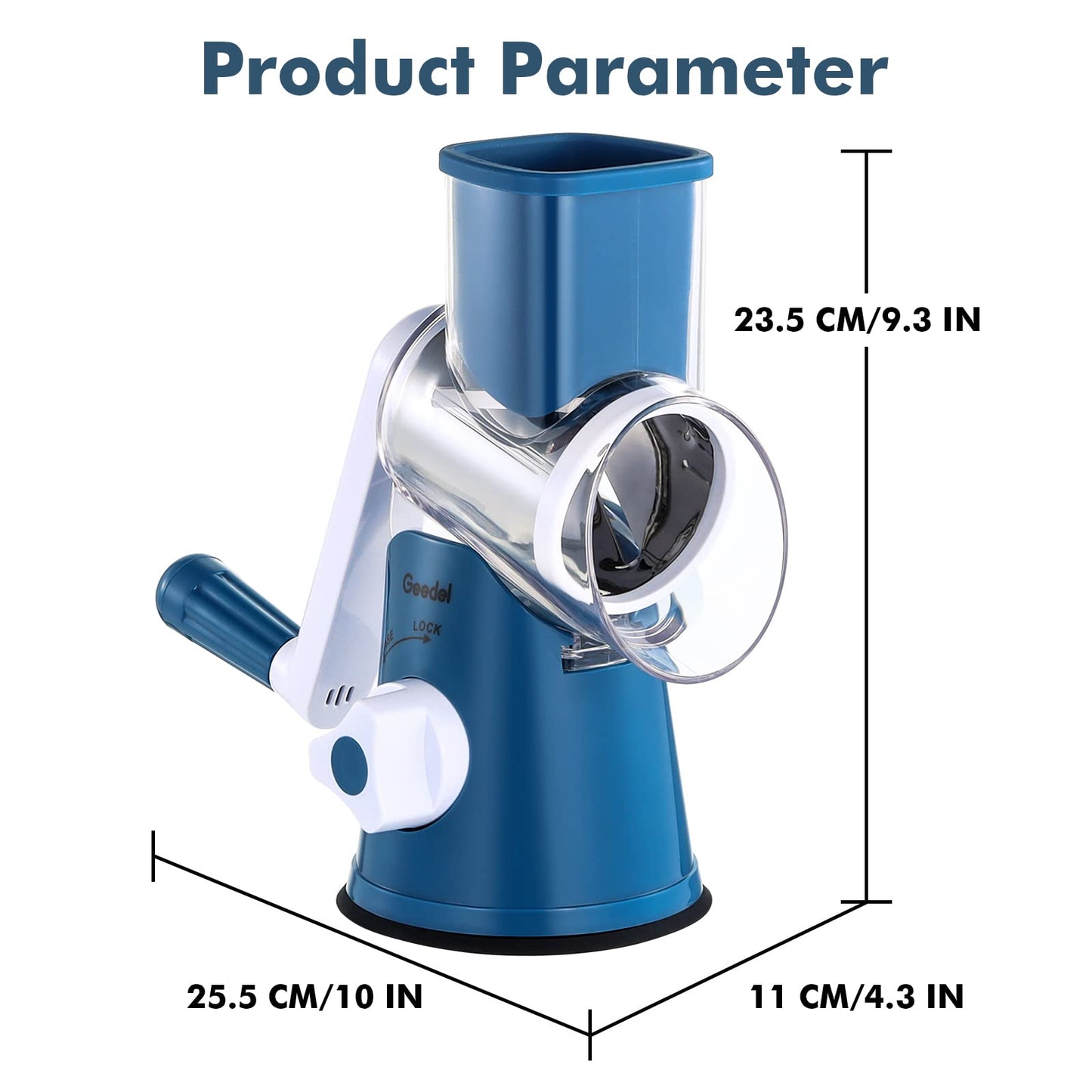 Rotary Cheese Grater, Kitchen Mandoline Vegetable Slicer with 3 Interchangeable Blades, Easy to Clean Grater for Fruit, Vegetables, Nuts