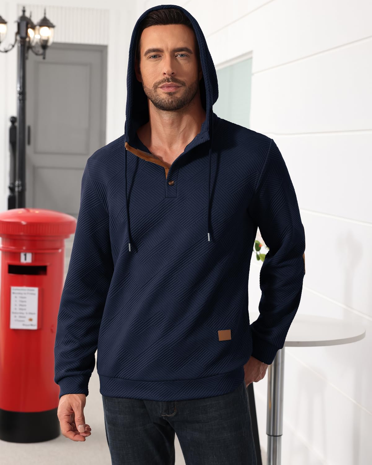 Men's Hoodies Pullover Casual Long Sleeve Stand Collar Button Pullover Sweatshirts Color Block Pullover Black L