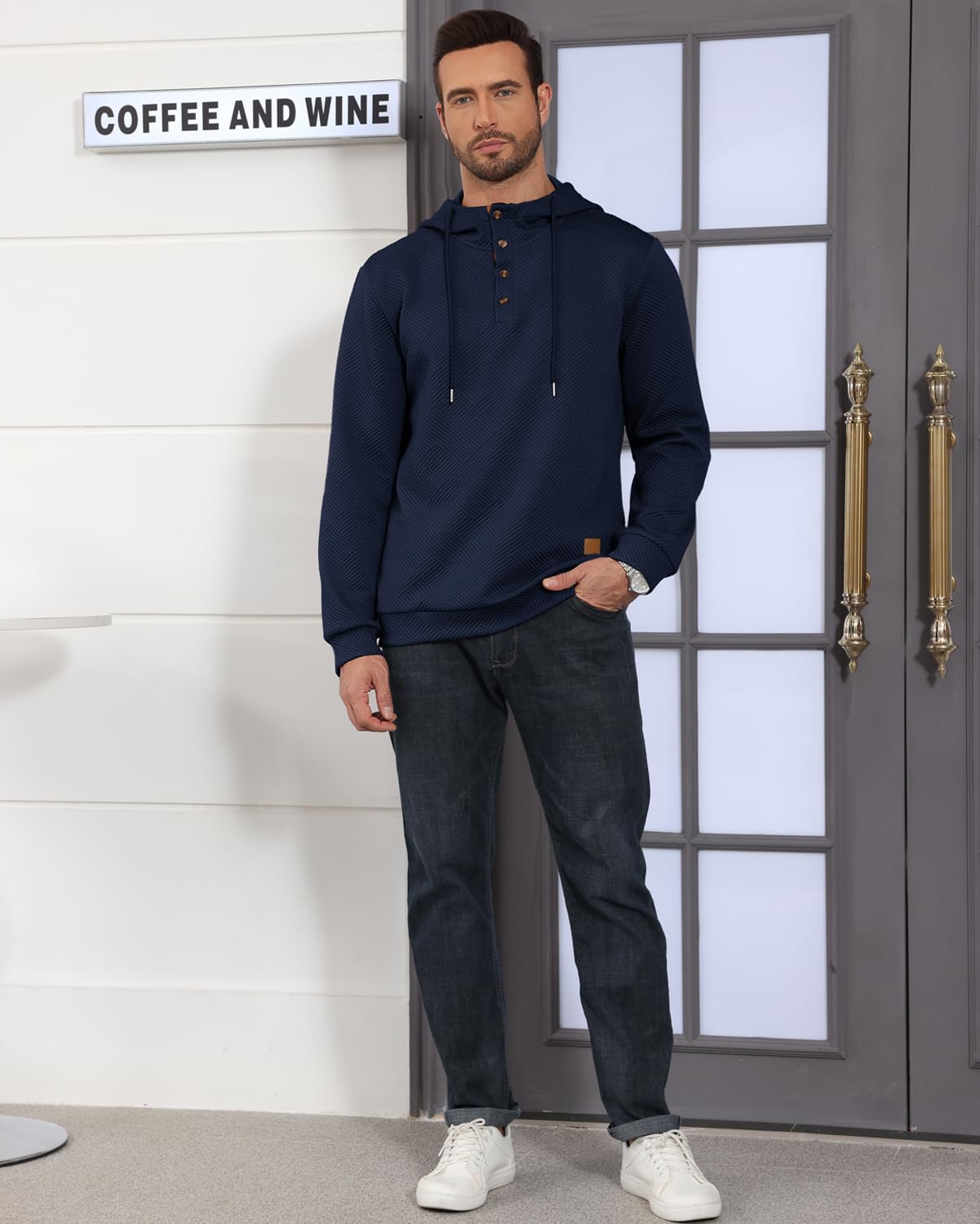 Men's Hoodies Pullover Casual Long Sleeve Stand Collar Button Pullover Sweatshirts Color Block Pullover Black L