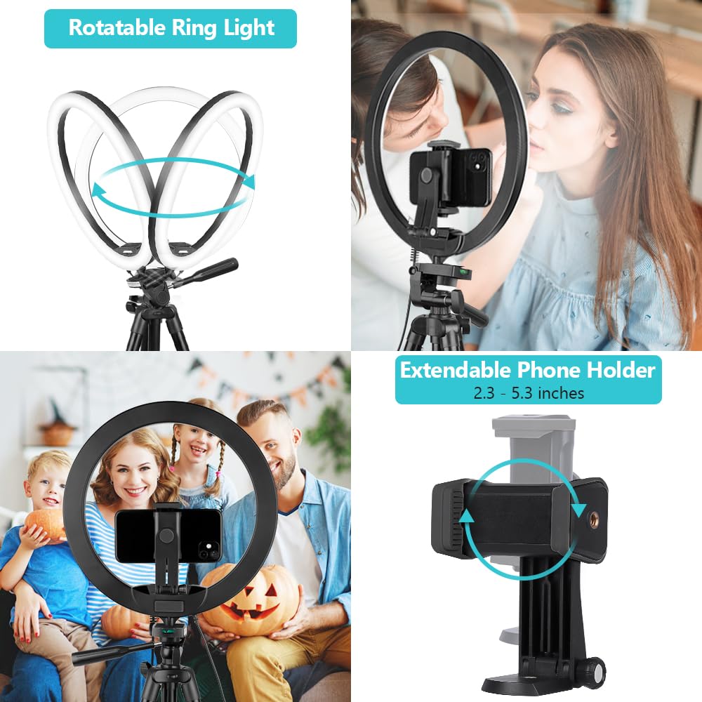 10'' Ring Light with 50'' Extendable Tripod Stand, LED Circle Lights with Phone Holder for Live Stream/Makeup/YouTube Video/TikTok, Compatible with All Phones