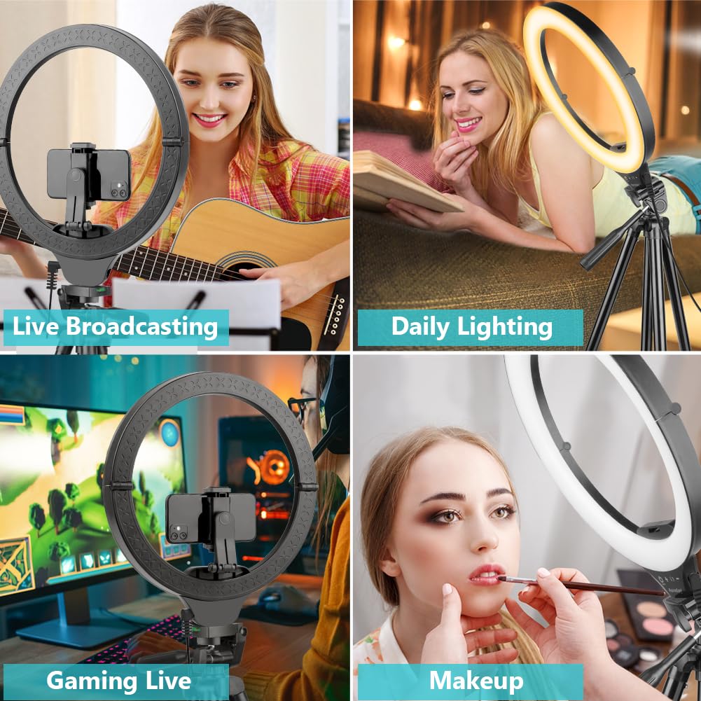 10'' Ring Light with 50'' Extendable Tripod Stand, LED Circle Lights with Phone Holder for Live Stream/Makeup/YouTube Video/TikTok, Compatible with All Phones