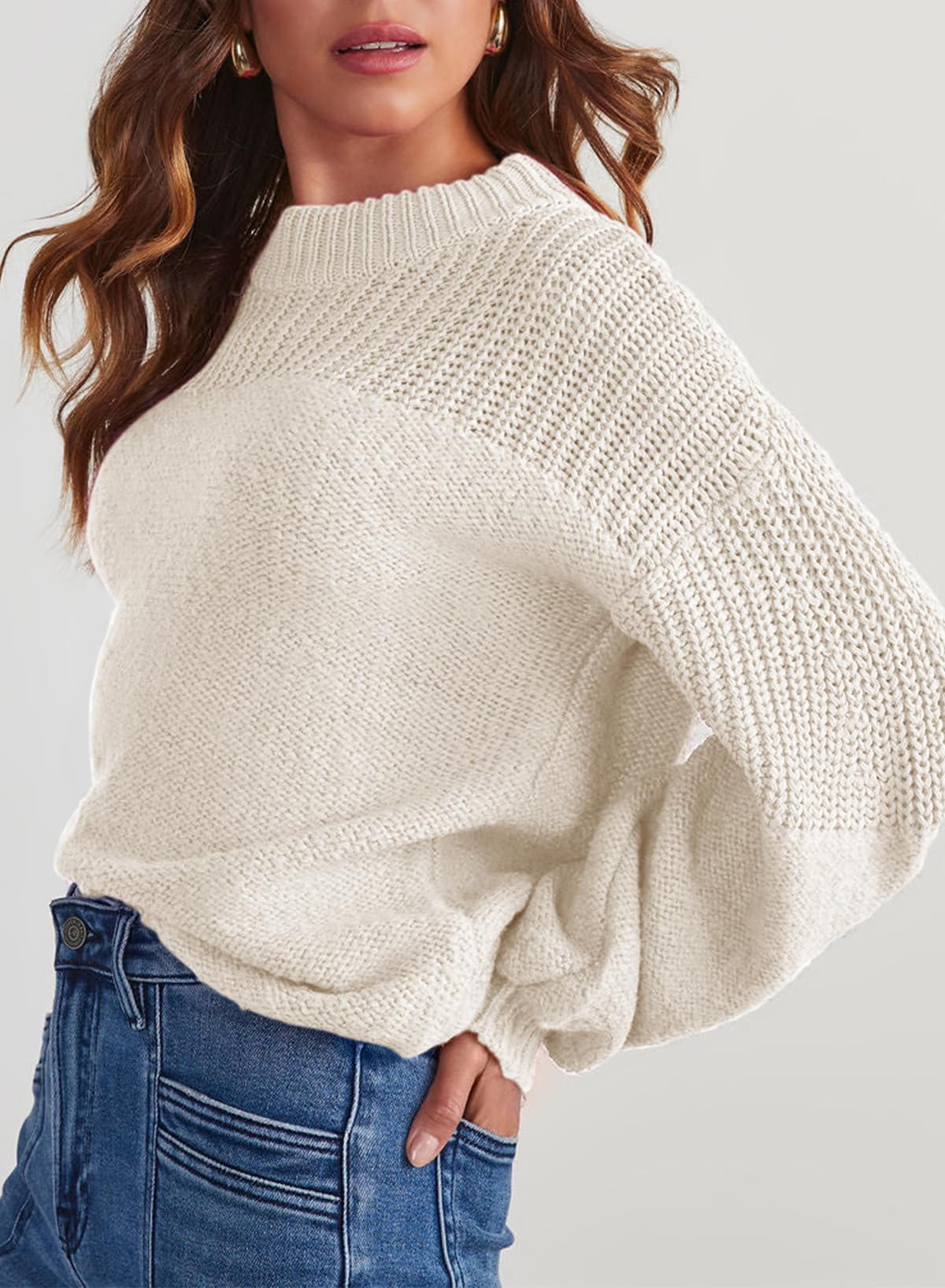 Womens Long Sleeve Knit Sweater Casual Solid Color Crew Neck Fall Sweaters for Women Trendy 2025 Outfits Chocolate Brown Fall Clothes Clothing Winter Oversized Pullover Top Jumper Medium