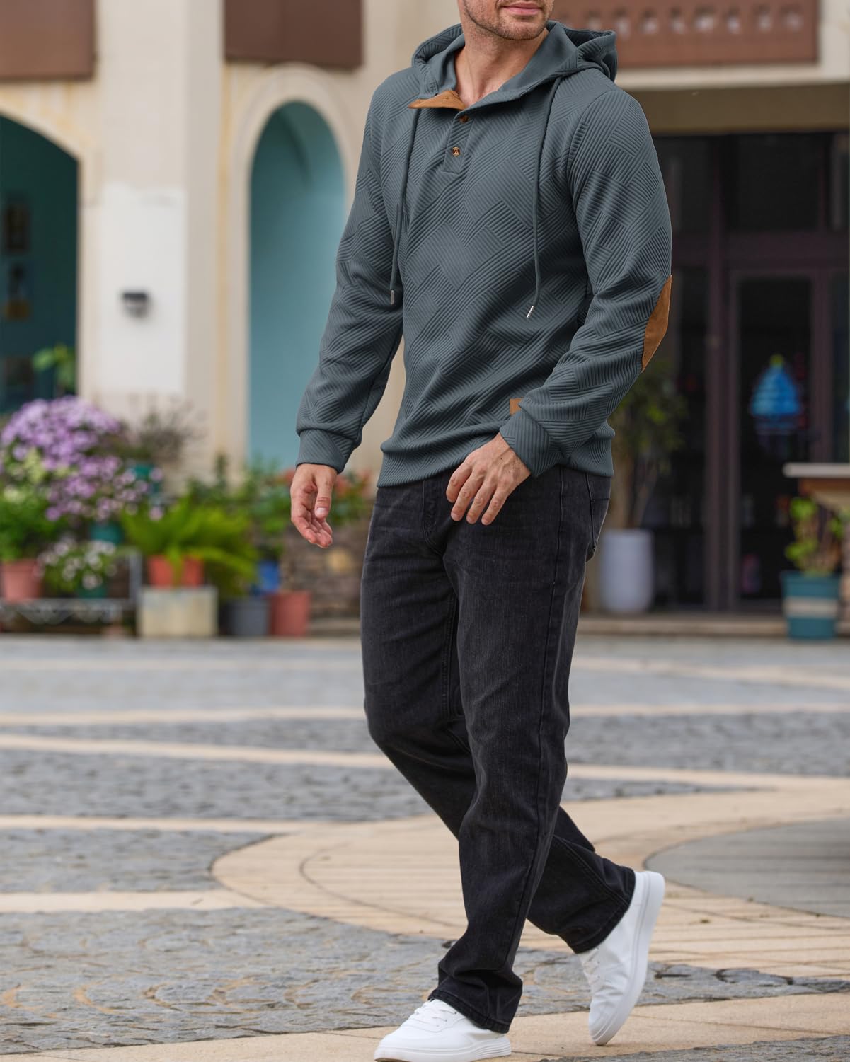 Men's Hoodies Pullover Casual Long Sleeve Stand Collar Button Pullover Sweatshirts Color Block Pullover Black L