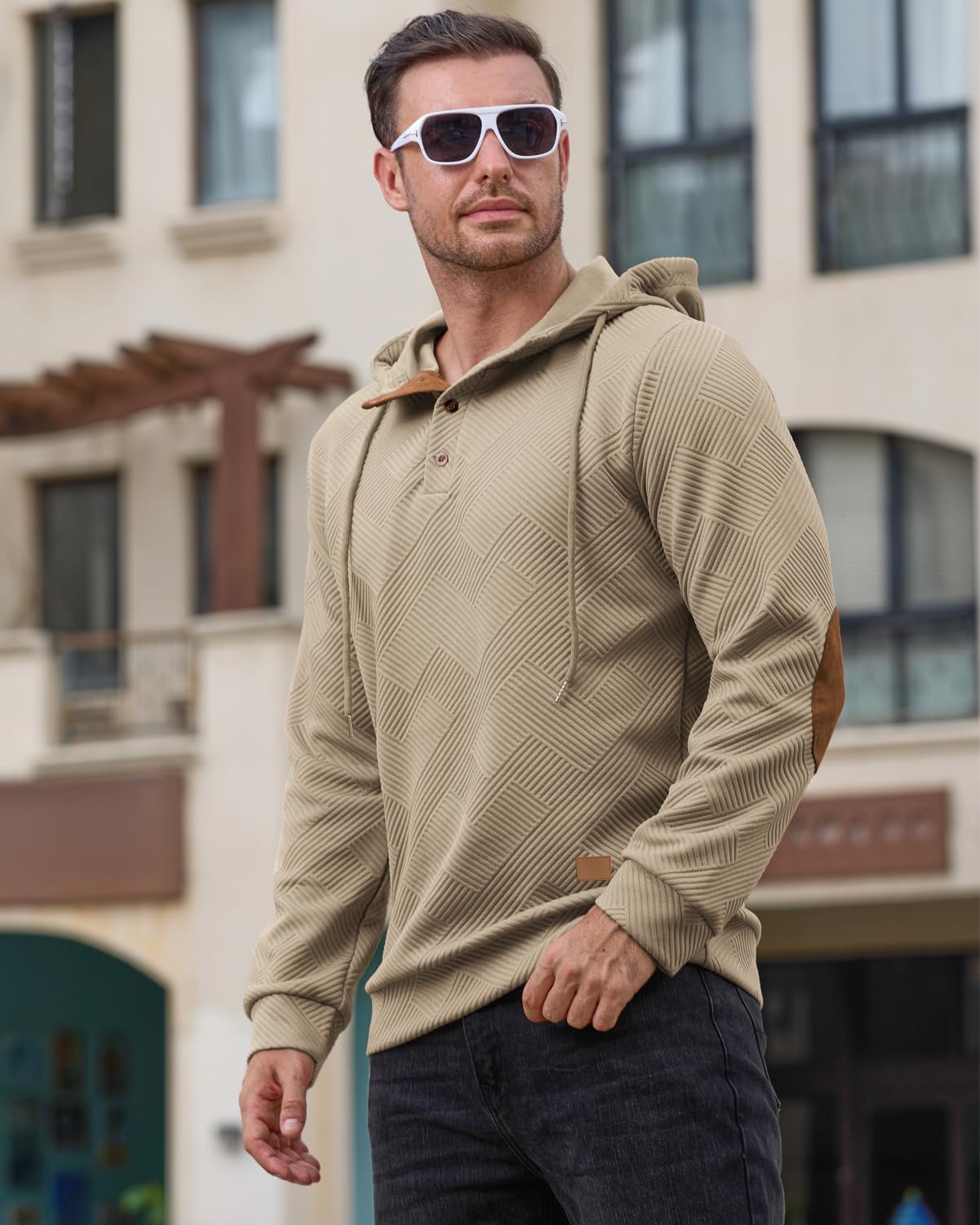 Men's Hoodies Pullover Casual Long Sleeve Stand Collar Button Pullover Sweatshirts Color Block Pullover Black L