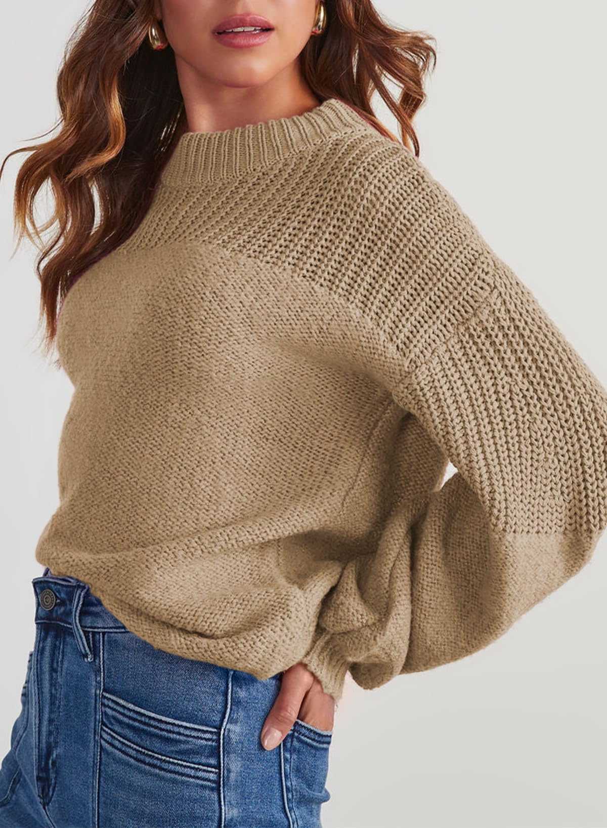 Womens Long Sleeve Knit Sweater Casual Solid Color Crew Neck Fall Sweaters for Women Trendy 2025 Outfits Chocolate Brown Fall Clothes Clothing Winter Oversized Pullover Top Jumper Medium