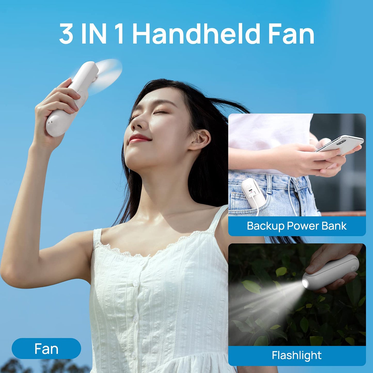 Portable Handheld Fan, Mini 3 In 1 with Rechargeable Battery, Personal Pocket Fan for Travel, Outdoor, USB Power Bank, Flashlight, Essential Ideal Gifts for Men/Women/Family/Friends - Blue