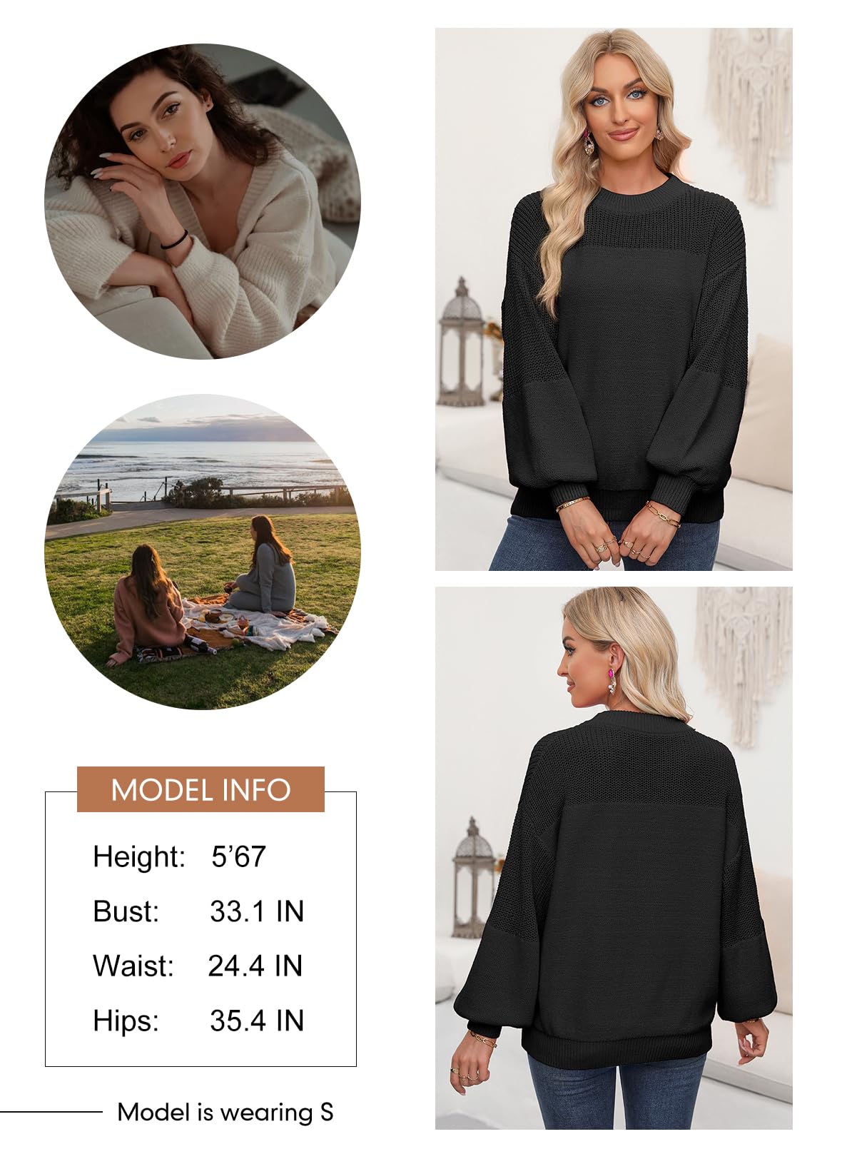 Womens Long Sleeve Knit Sweater Casual Solid Color Crew Neck Fall Sweaters for Women Trendy 2025 Outfits Chocolate Brown Fall Clothes Clothing Winter Oversized Pullover Top Jumper Medium