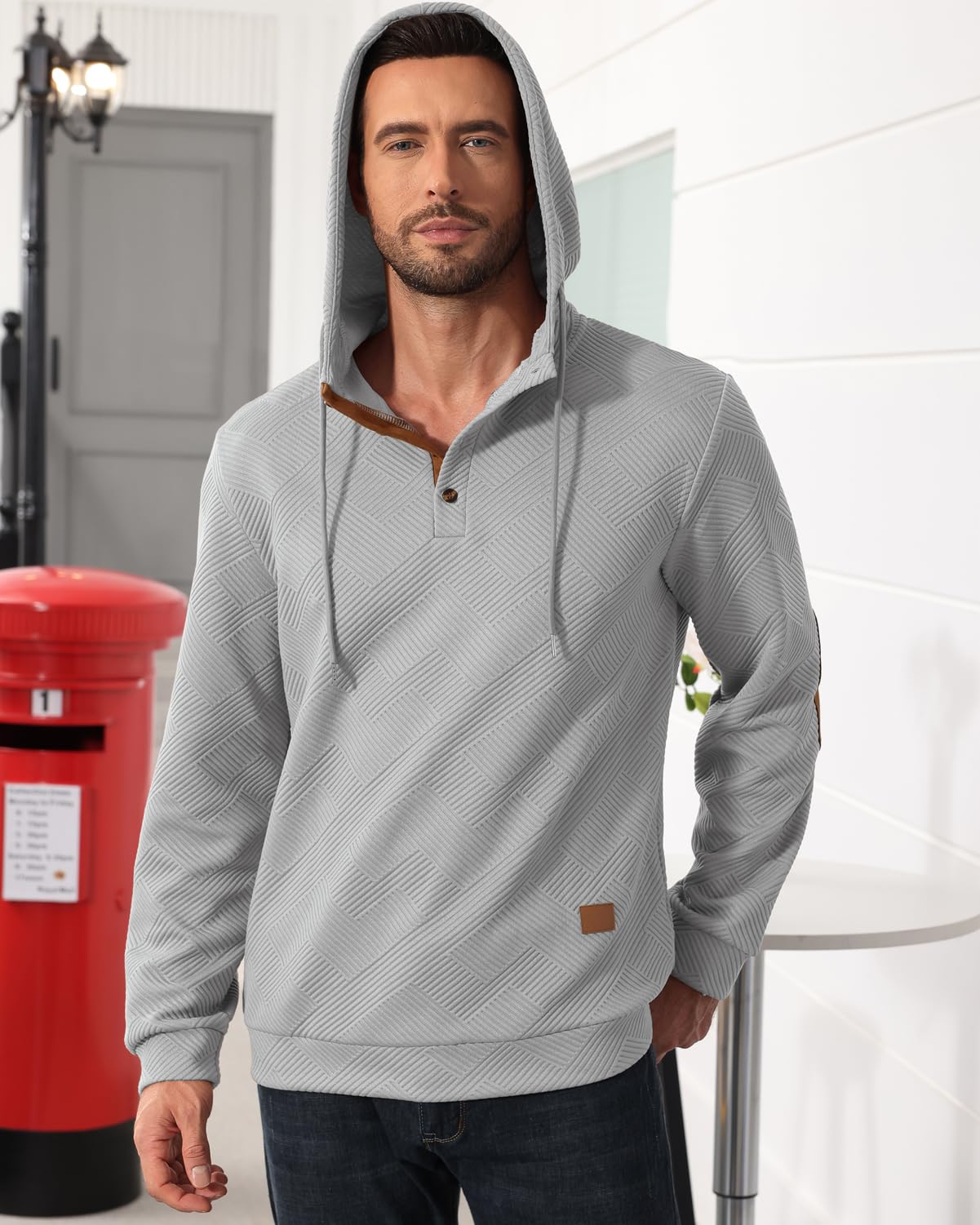 Men's Hoodies Pullover Casual Long Sleeve Stand Collar Button Pullover Sweatshirts Color Block Pullover Black L