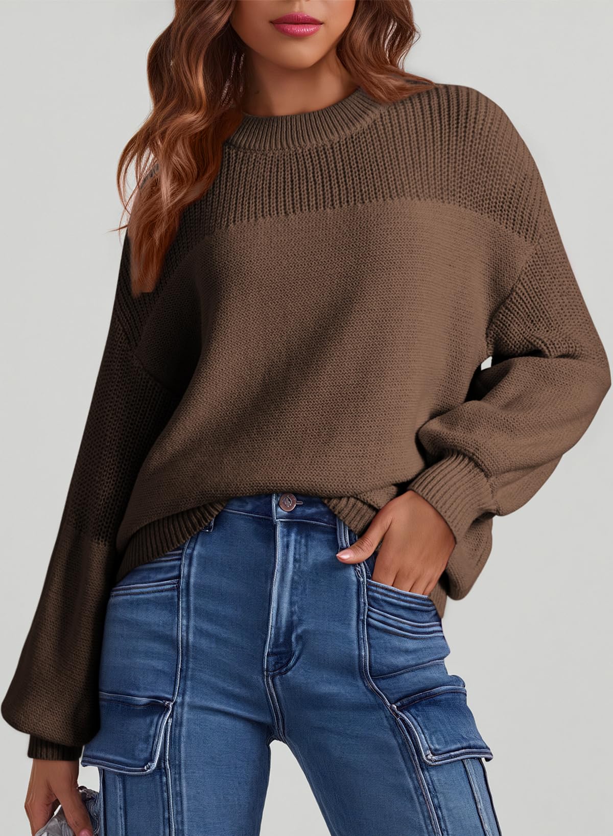 Womens Long Sleeve Knit Sweater Casual Solid Color Crew Neck Fall Sweaters for Women Trendy 2025 Outfits Chocolate Brown Fall Clothes Clothing Winter Oversized Pullover Top Jumper Medium
