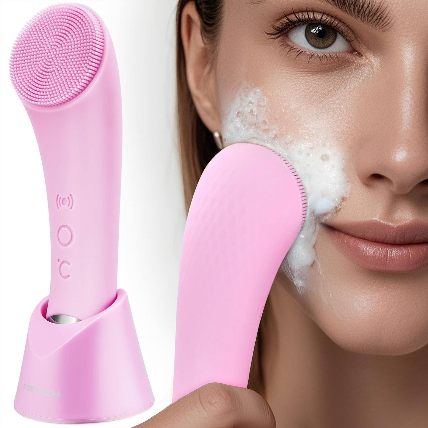 Silicone Face Scrubber, Rechargeable Facial Cleansing Brush with Heat Massage End, Vibrating Exfoliator Scrubber for Deep Cleaning, Waterproof Face Brush for Women and Men