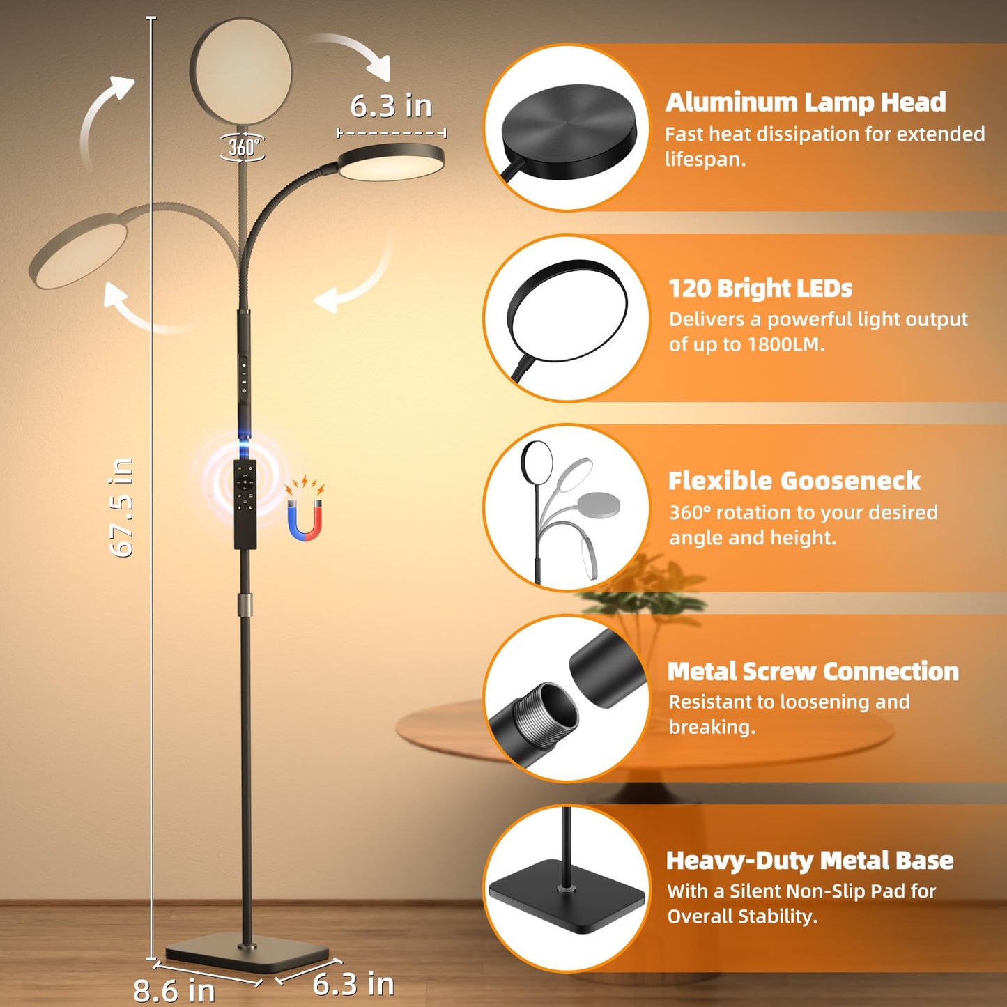 Floor Lamp, Adjustable Height Floor Lamps for Living Room Bedroom, 120 LED Super Bright Standing Lamp Remote & Touch Control Dimmable Gooseneck Tall Stand Reading Lamp for Office Craft, Black