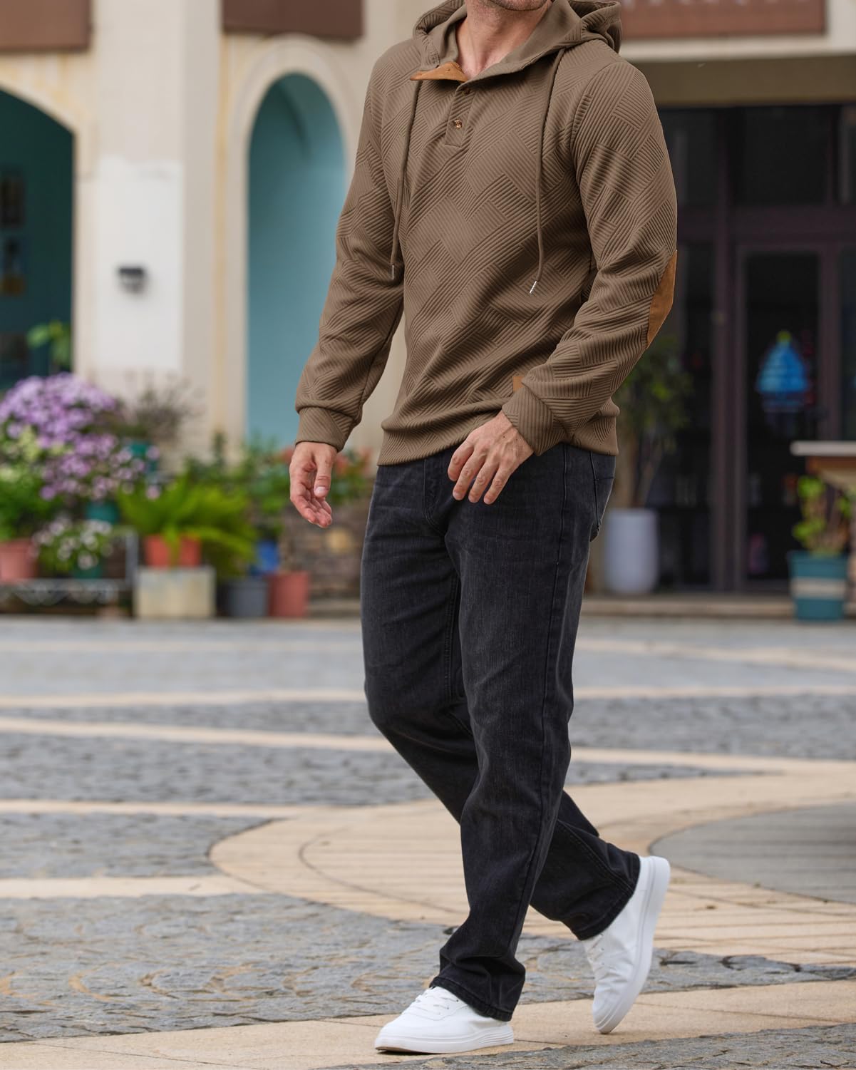 Men's Hoodies Pullover Casual Long Sleeve Stand Collar Button Pullover Sweatshirts Color Block Pullover Black L