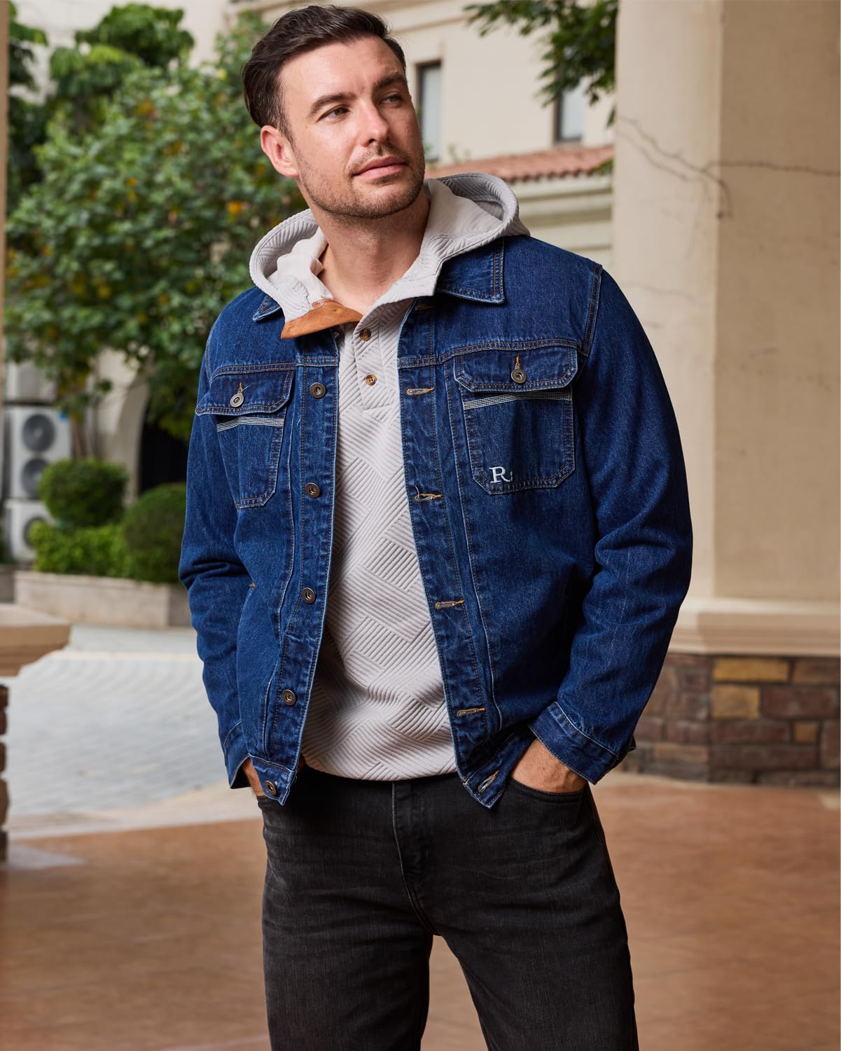 Men's Hoodies Pullover Casual Long Sleeve Stand Collar Button Pullover Sweatshirts Color Block Pullover Black L