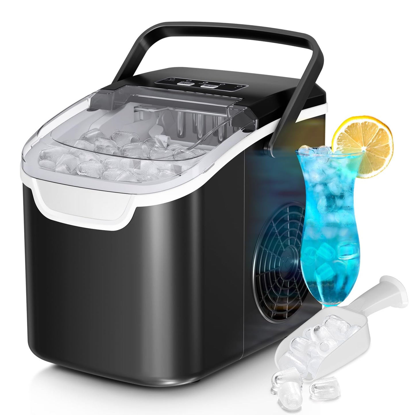 Countertop Ice Maker Machine, 8 Ice Cubes in 6 mins, 26lb/Day Ice with 2 Sizes- Portable Mini, Energy Saving & Basket/Scoop for Home/Party/Travel/Camping/Bar,Black