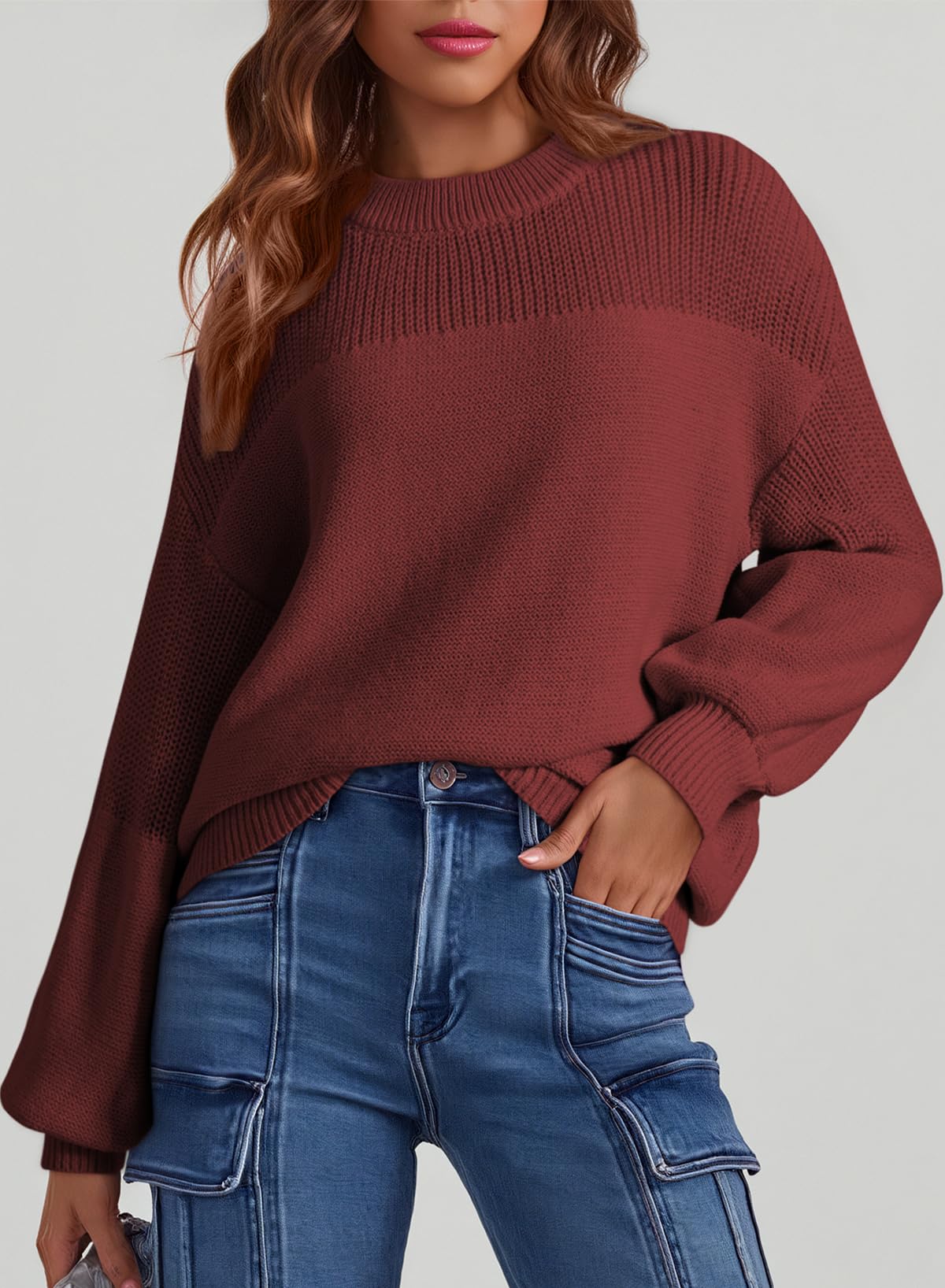 Womens Long Sleeve Knit Sweater Casual Solid Color Crew Neck Fall Sweaters for Women Trendy 2025 Outfits Chocolate Brown Fall Clothes Clothing Winter Oversized Pullover Top Jumper Medium