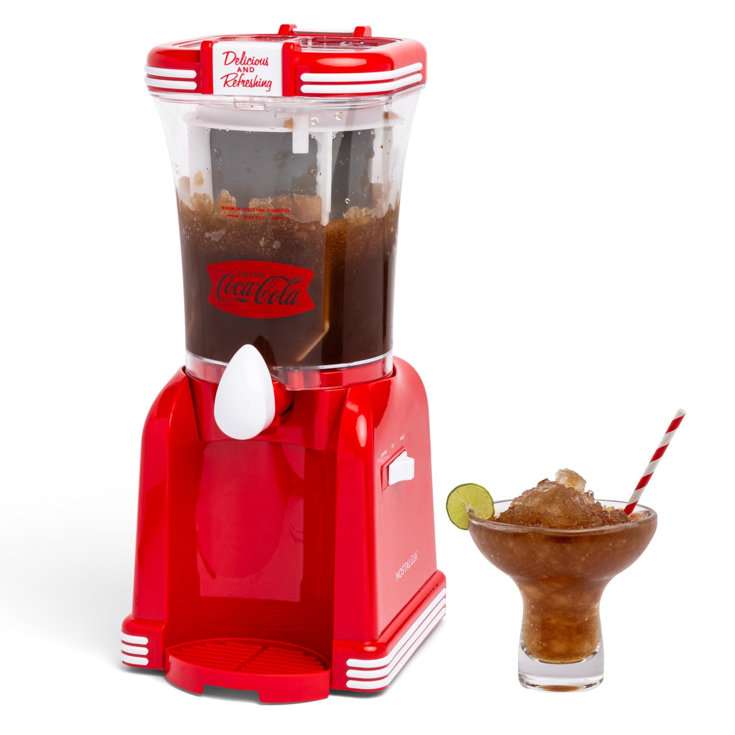 Frozen Drink Maker and Margarita Machine for Home - 32-Ounce Slushy Maker with Stainless Steel Flow Spout - Easy to Clean and Double Insulated - Retro Red