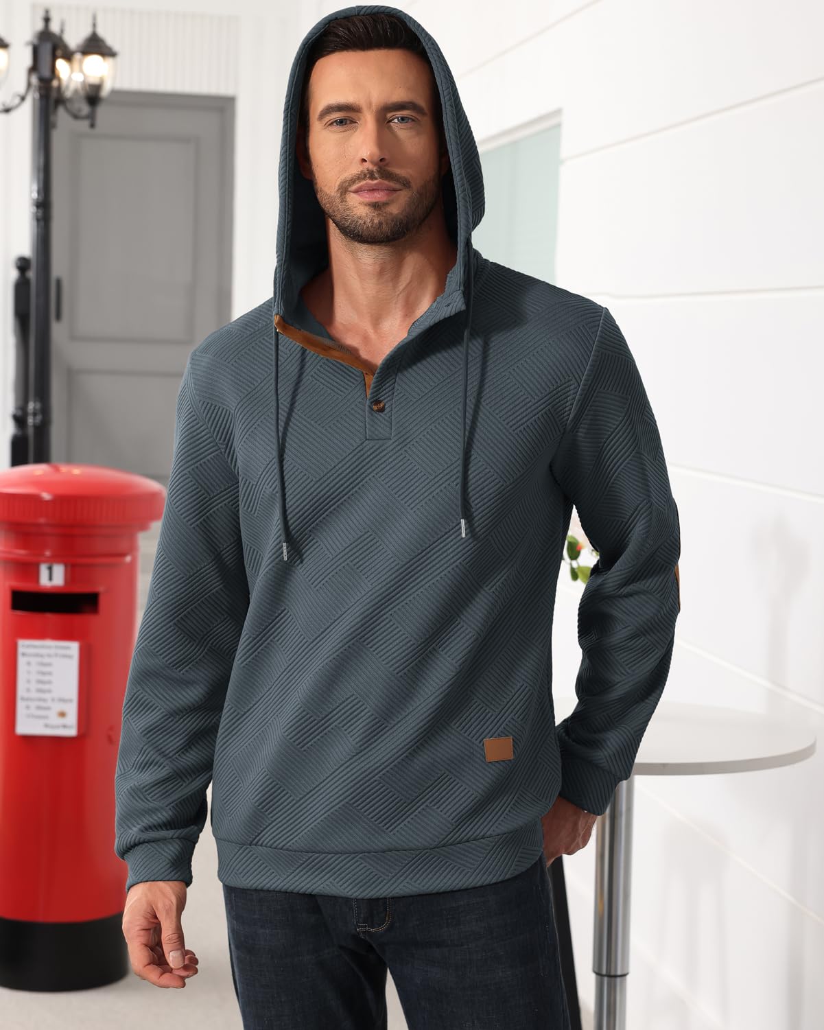 Men's Hoodies Pullover Casual Long Sleeve Stand Collar Button Pullover Sweatshirts Color Block Pullover Black L