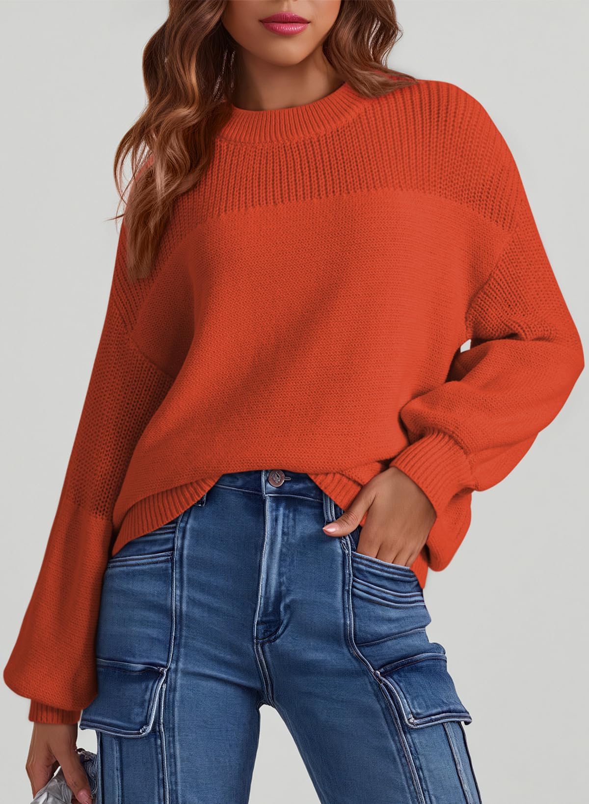 Womens Long Sleeve Knit Sweater Casual Solid Color Crew Neck Fall Sweaters for Women Trendy 2025 Outfits Chocolate Brown Fall Clothes Clothing Winter Oversized Pullover Top Jumper Medium