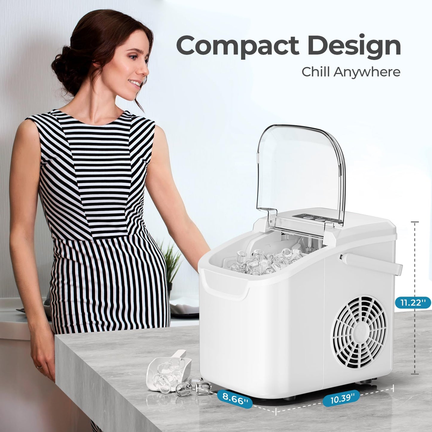 Countertop Ice Maker Machine, 8 Ice Cubes in 6 mins, 26lb/Day Ice with 2 Sizes- Portable Mini, Energy Saving & Basket/Scoop for Home/Party/Travel/Camping/Bar,Black