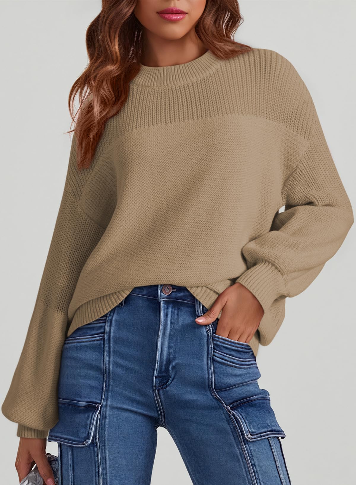 Womens Long Sleeve Knit Sweater Casual Solid Color Crew Neck Fall Sweaters for Women Trendy 2025 Outfits Chocolate Brown Fall Clothes Clothing Winter Oversized Pullover Top Jumper Medium