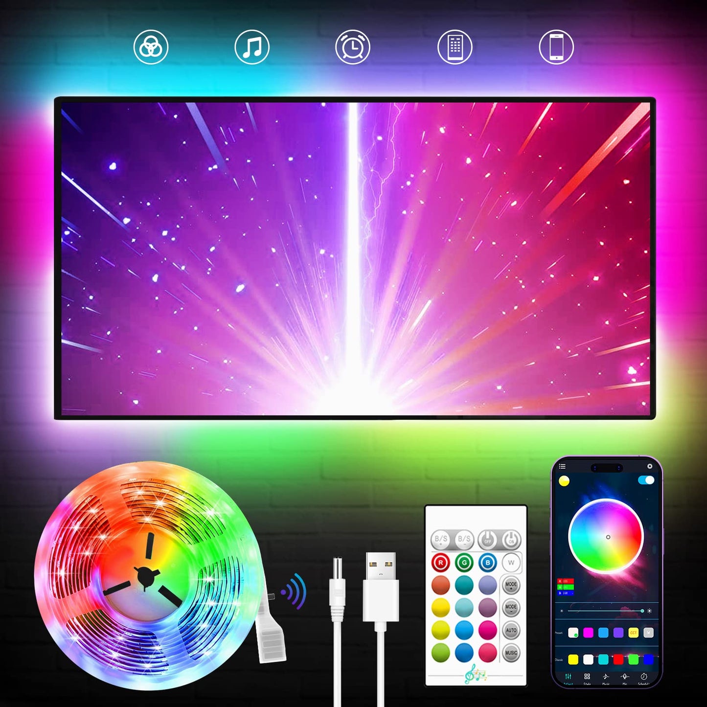 TV Backlights, 13.1FT LED Lights for 32-65 Inch TV, RGB TV LED Lights Behind, Music Sync Bluetooth APP and Remote Control TV LED Strip Lights USB Powered for Gaming/Bedroom
