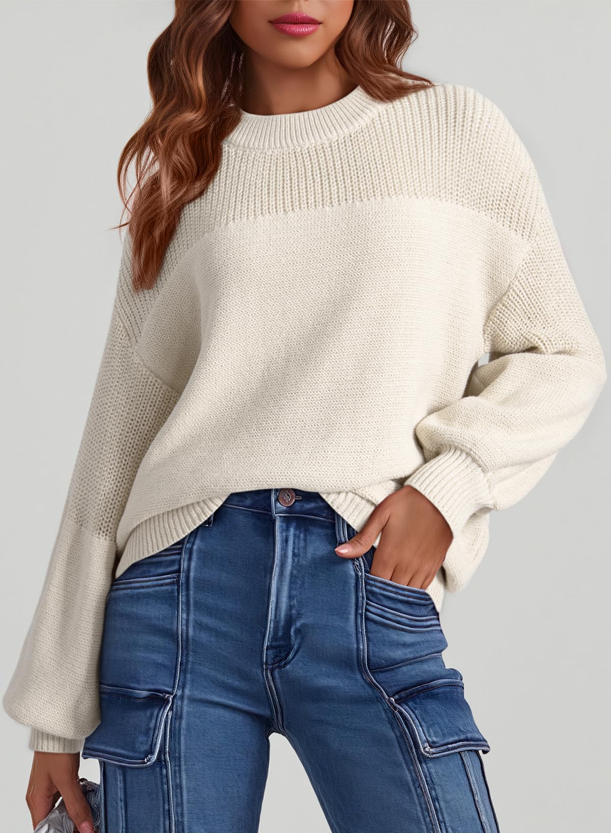 Womens Long Sleeve Knit Sweater Casual Solid Color Crew Neck Fall Sweaters for Women Trendy 2025 Outfits Chocolate Brown Fall Clothes Clothing Winter Oversized Pullover Top Jumper Medium