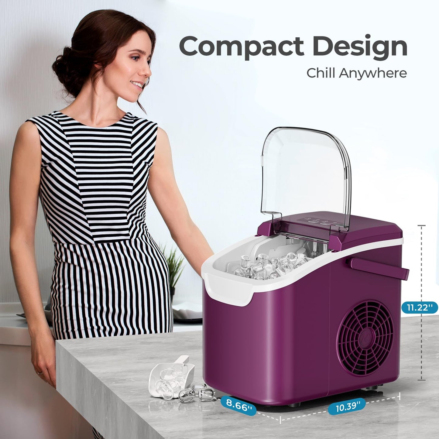 Countertop Ice Maker Machine, 8 Ice Cubes in 6 mins, 26lb/Day Ice with 2 Sizes- Portable Mini, Energy Saving & Basket/Scoop for Home/Party/Travel/Camping/Bar,Black