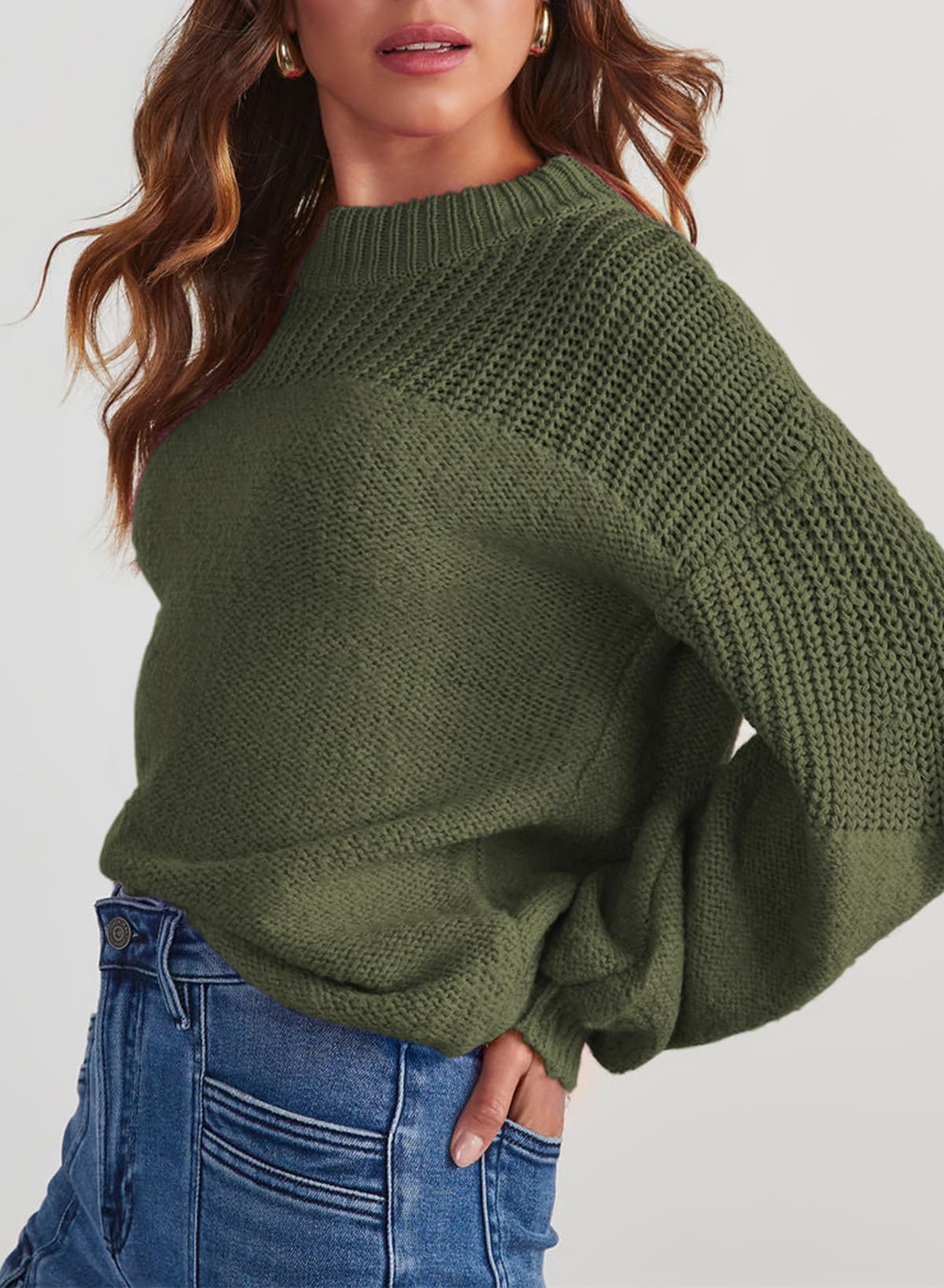Womens Long Sleeve Knit Sweater Casual Solid Color Crew Neck Fall Sweaters for Women Trendy 2025 Outfits Chocolate Brown Fall Clothes Clothing Winter Oversized Pullover Top Jumper Medium