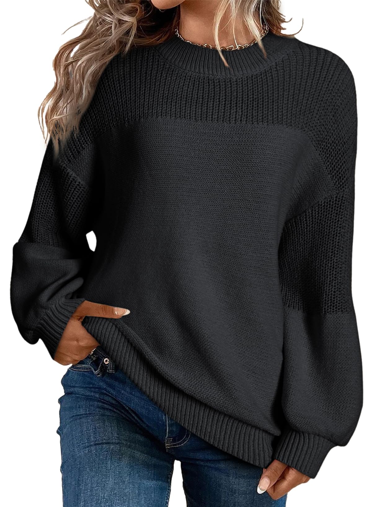 Womens Long Sleeve Knit Sweater Casual Solid Color Crew Neck Fall Sweaters for Women Trendy 2025 Outfits Chocolate Brown Fall Clothes Clothing Winter Oversized Pullover Top Jumper Medium