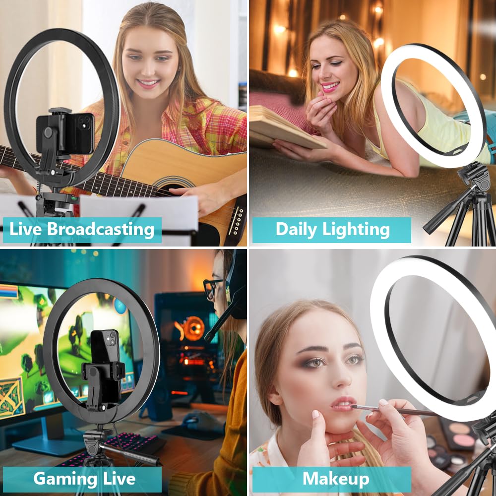 10'' Ring Light with 50'' Extendable Tripod Stand, LED Circle Lights with Phone Holder for Live Stream/Makeup/YouTube Video/TikTok, Compatible with All Phones