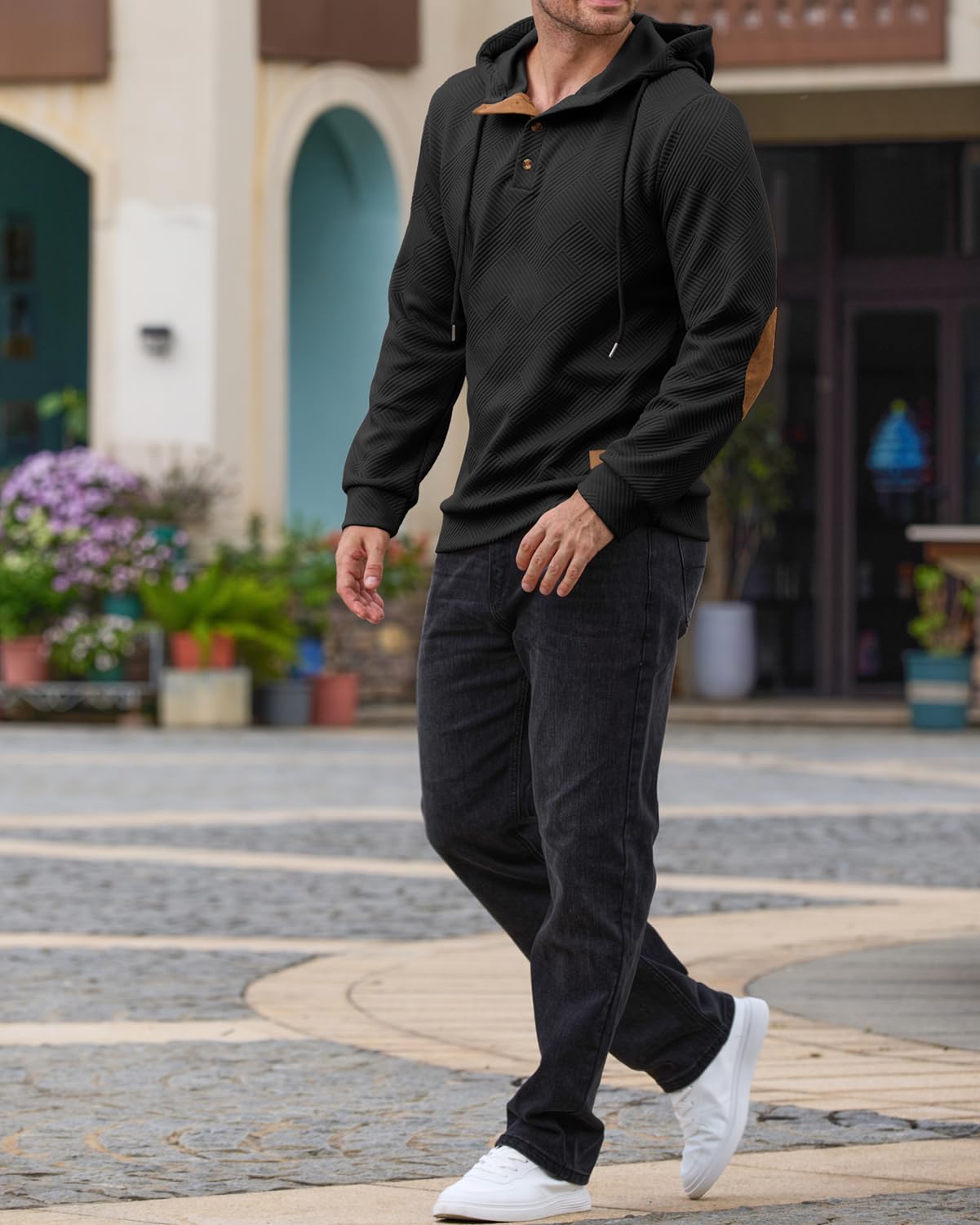 Men's Hoodies Pullover Casual Long Sleeve Stand Collar Button Pullover Sweatshirts Color Block Pullover Black L