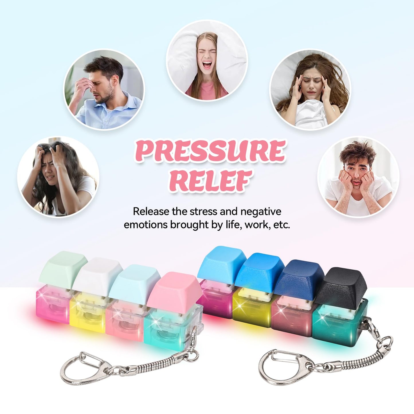 2 Pcs Keyboard Fidget Toy for Adults Fidget Keyboard Clicker Toys with LED Lights Keychain Stress Relief for Anxiety Decompression (Black and White)