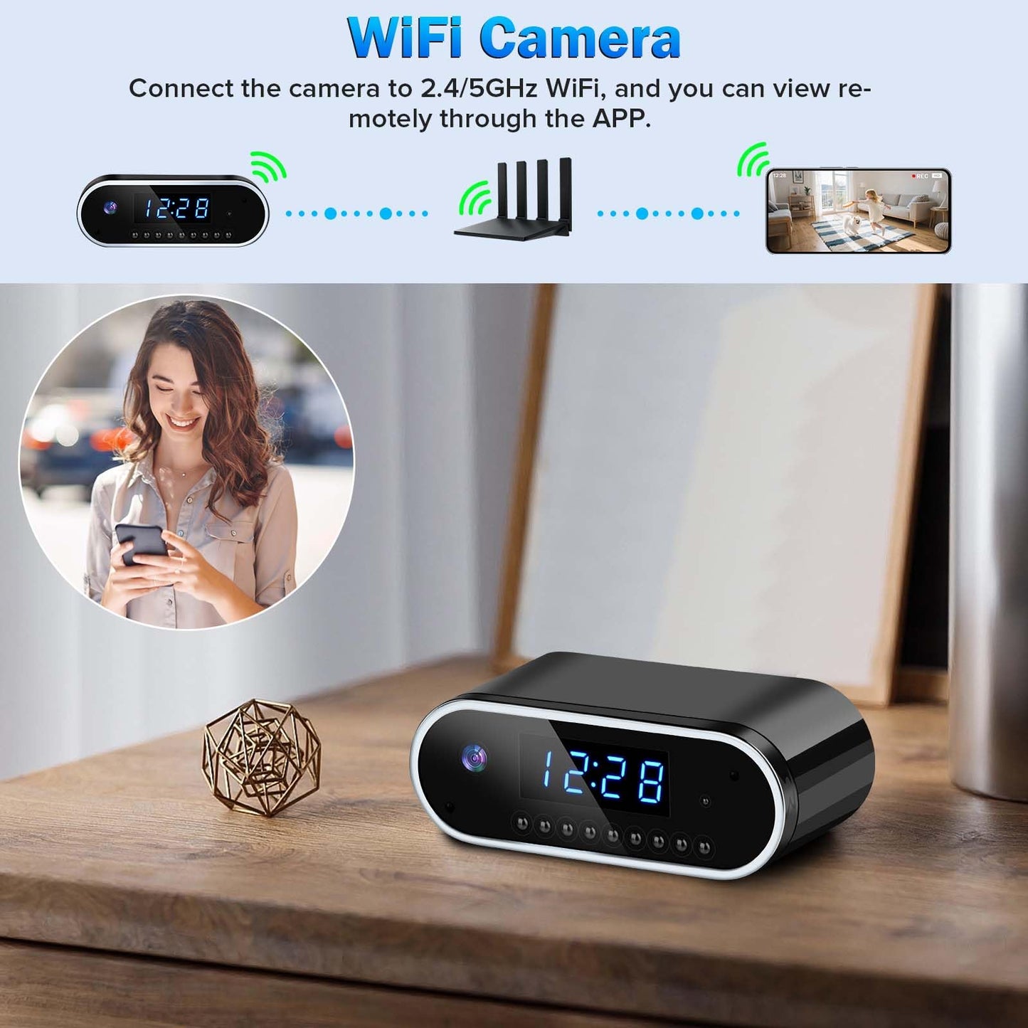 Clock Camera Small Nanny Cam Mini Hidden Camera 1080P Full HD Smart WiFi Cam 140-Degree Wide Angle for Indoor Home Security