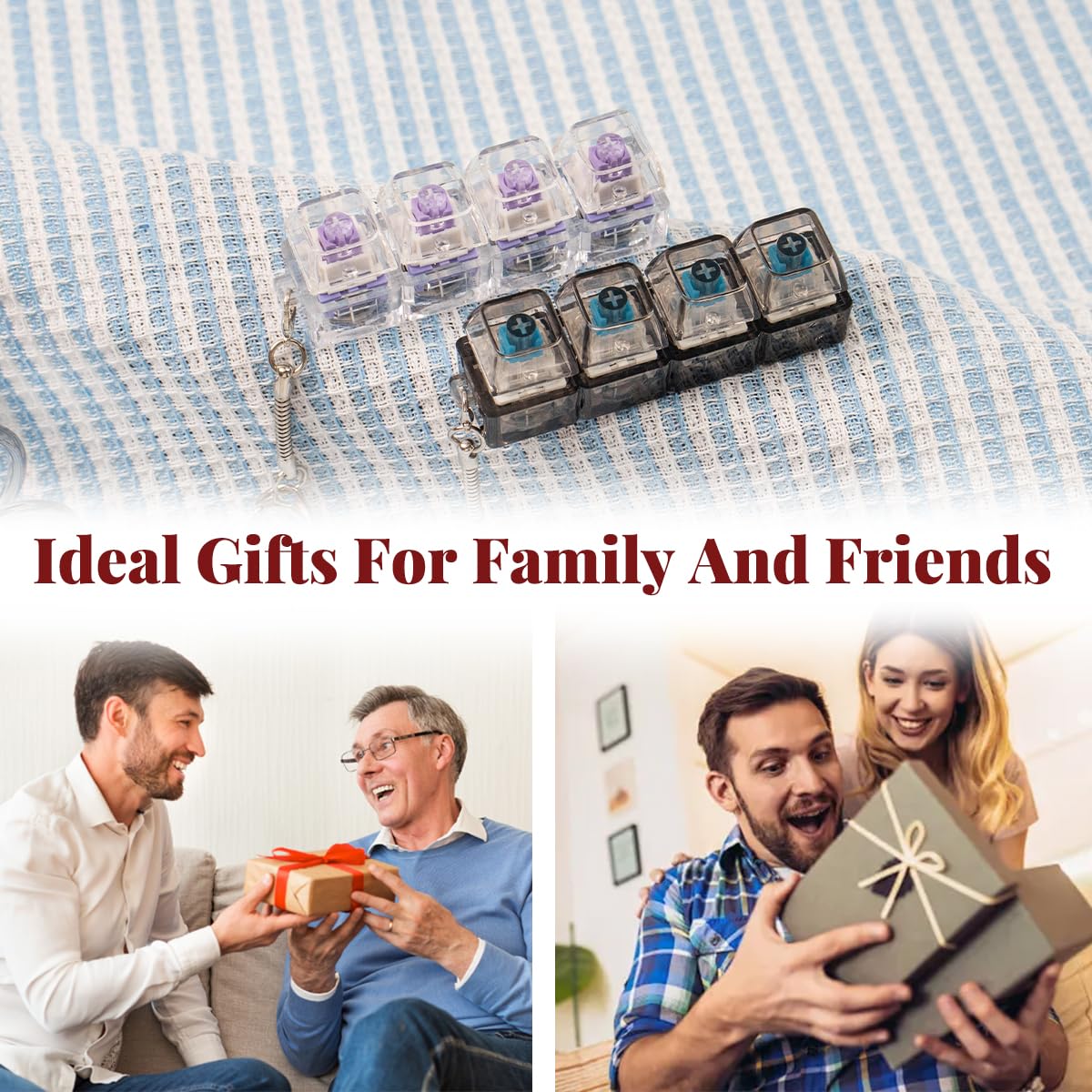 2 Pcs Keyboard Fidget Toy for Adults Fidget Keyboard Clicker Toys with LED Lights Keychain Stress Relief for Anxiety Decompression (Black and White)