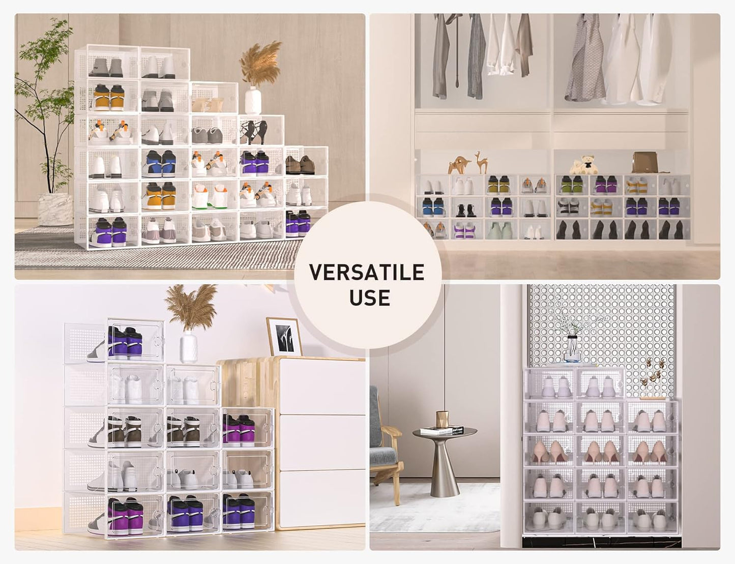 Shoe Storage Boxes Organizers Clear Plastic Stackable 12 Pack, Shoe Rack & Holder Substitute, Sneaker Containers, Toy Storage Organizer Bins for Entryway, Closet, Under Bed, Black