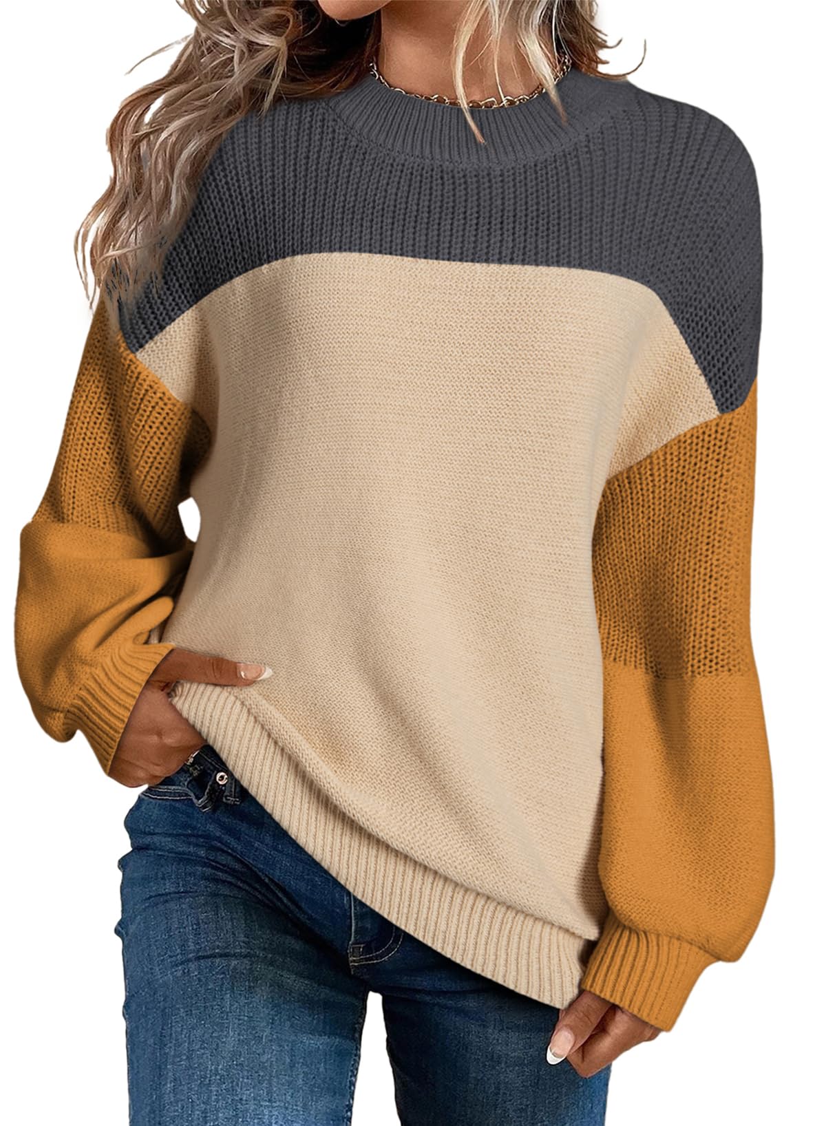 Womens Long Sleeve Knit Sweater Casual Solid Color Crew Neck Fall Sweaters for Women Trendy 2025 Outfits Chocolate Brown Fall Clothes Clothing Winter Oversized Pullover Top Jumper Medium