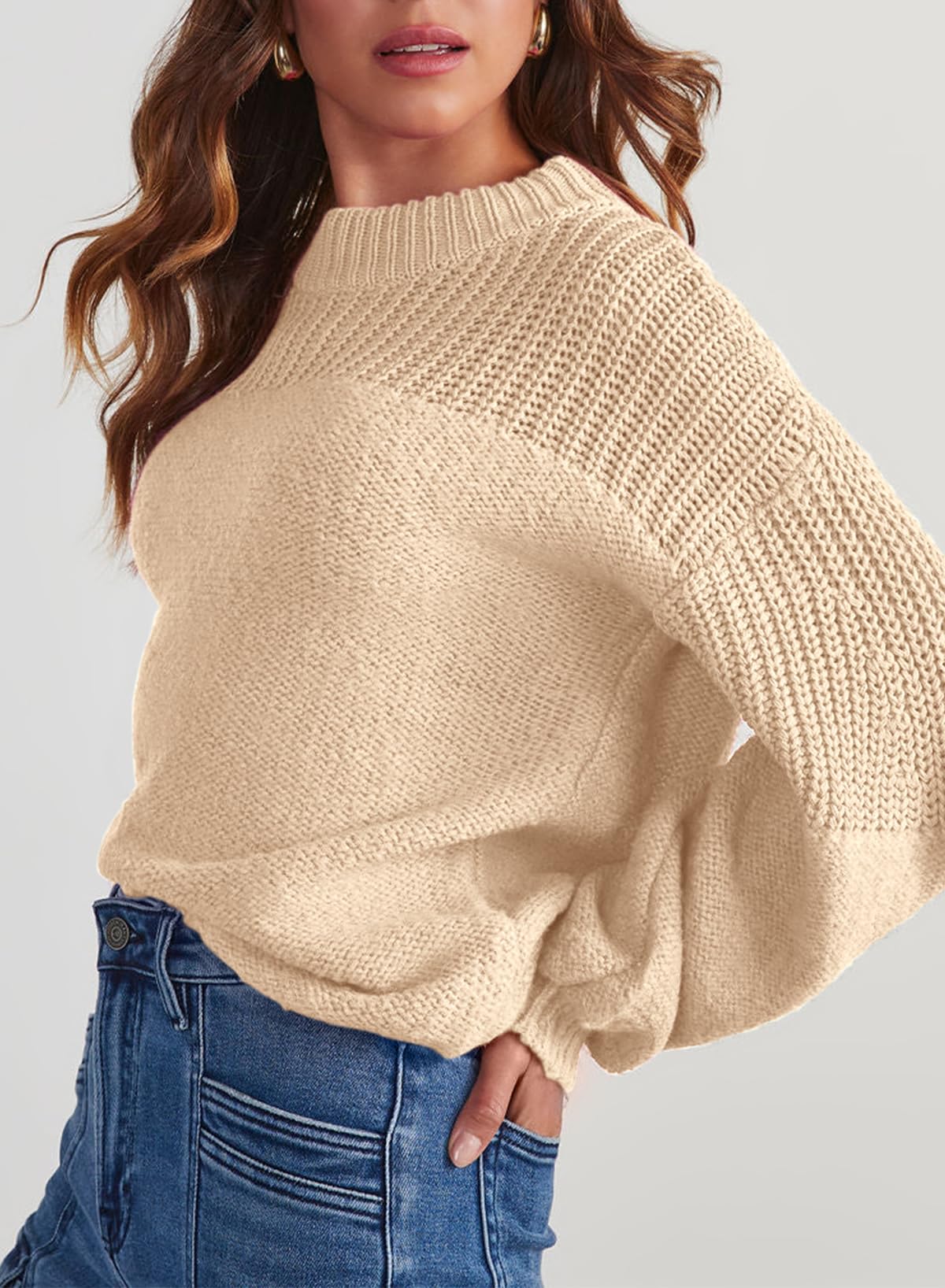 Womens Long Sleeve Knit Sweater Casual Solid Color Crew Neck Fall Sweaters for Women Trendy 2025 Outfits Chocolate Brown Fall Clothes Clothing Winter Oversized Pullover Top Jumper Medium