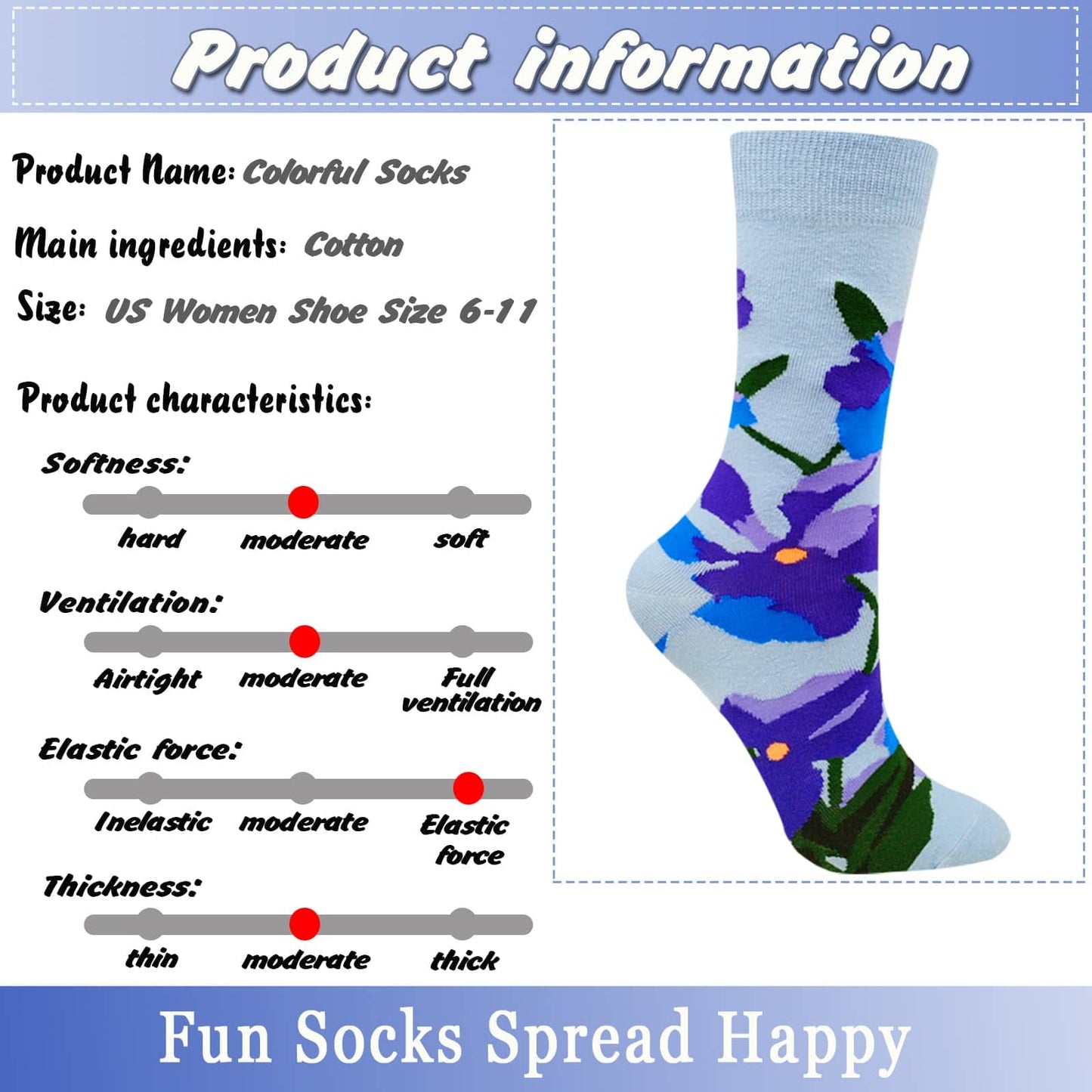 Funny Socks Women Fun Colorful Novelty Crazy Floral Patterned Sock Crew, Premium Cotton, Size 6-11, 12 Pairs US031205