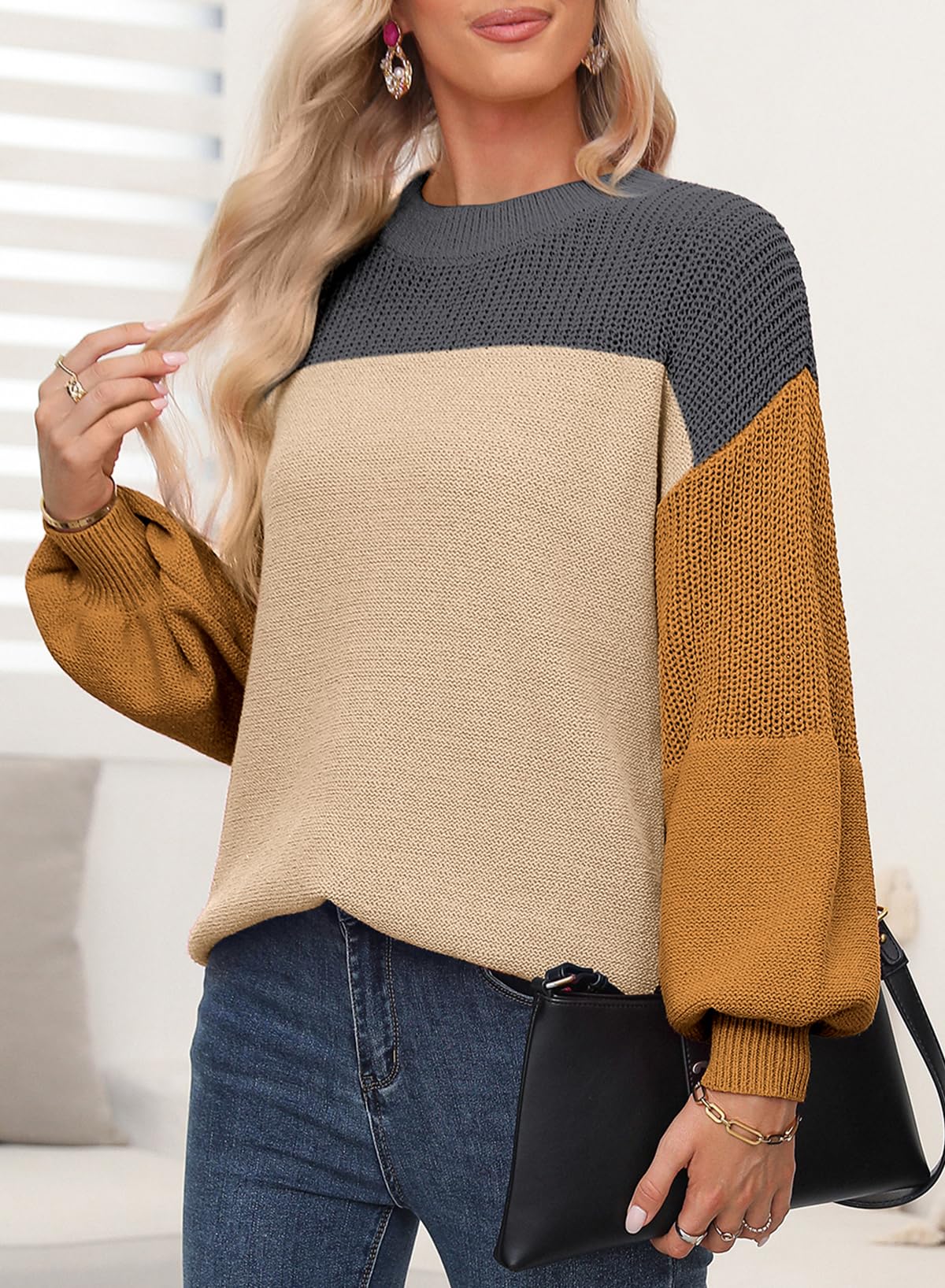 Womens Long Sleeve Knit Sweater Casual Solid Color Crew Neck Fall Sweaters for Women Trendy 2025 Outfits Chocolate Brown Fall Clothes Clothing Winter Oversized Pullover Top Jumper Medium
