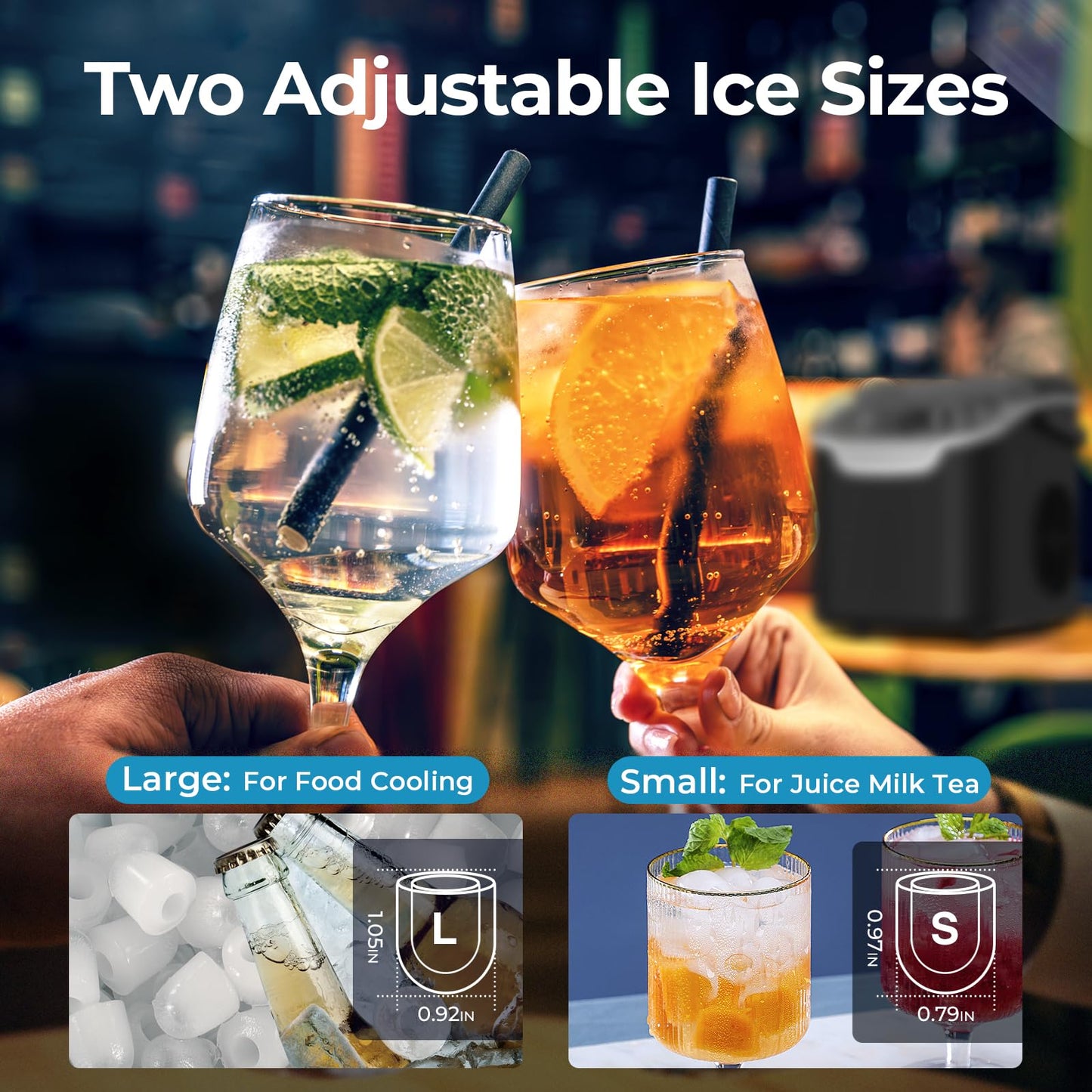 Countertop Ice Maker Machine, 8 Ice Cubes in 6 mins, 26lb/Day Ice with 2 Sizes- Portable Mini, Energy Saving & Basket/Scoop for Home/Party/Travel/Camping/Bar,Black