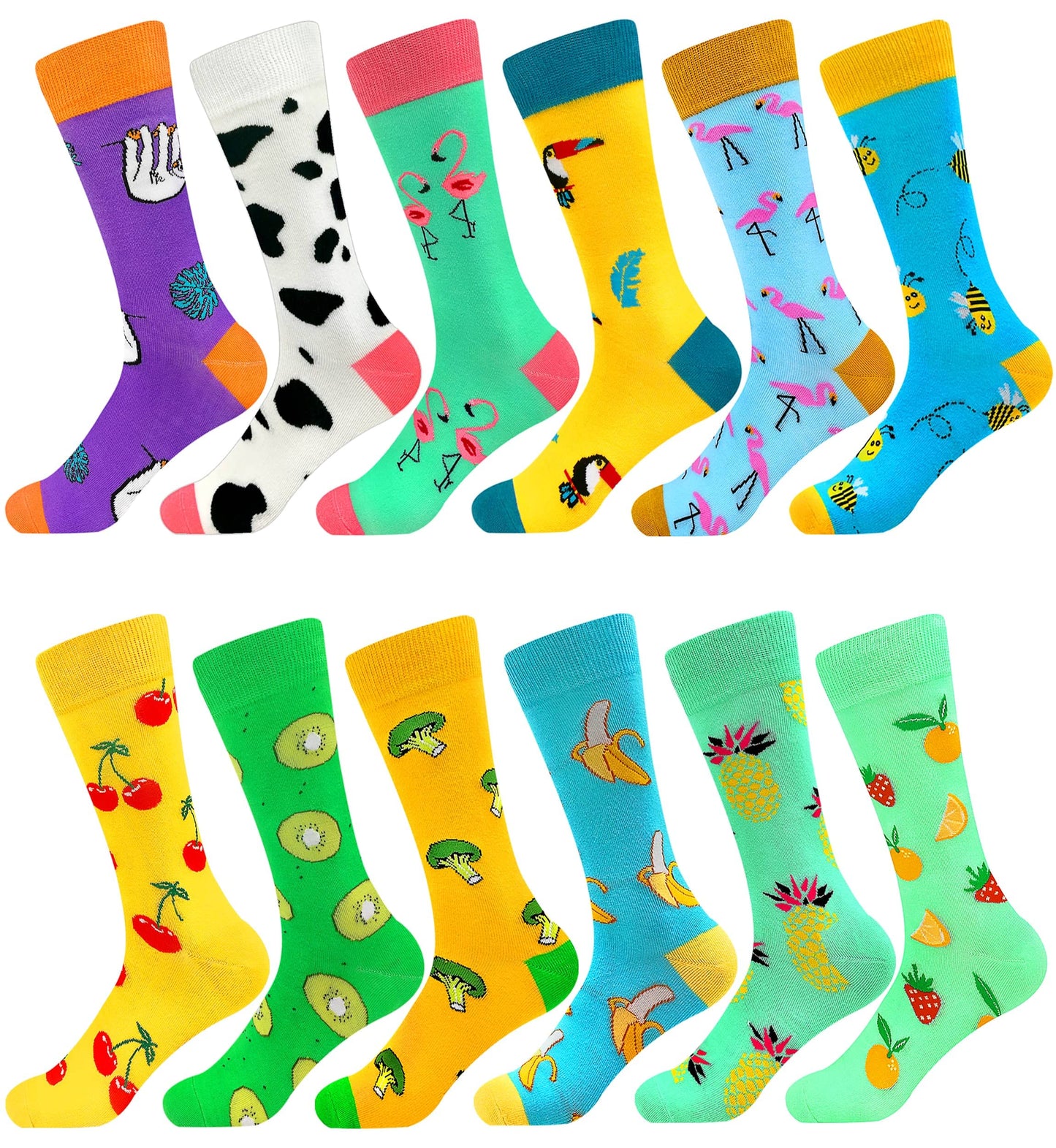 Funny Socks Women Fun Colorful Novelty Crazy Floral Patterned Sock Crew, Premium Cotton, Size 6-11, 12 Pairs US031205