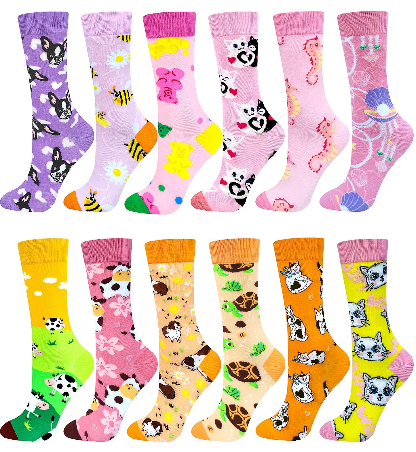 Funny Socks Women Fun Colorful Novelty Crazy Floral Patterned Sock Crew, Premium Cotton, Size 6-11, 12 Pairs US031205