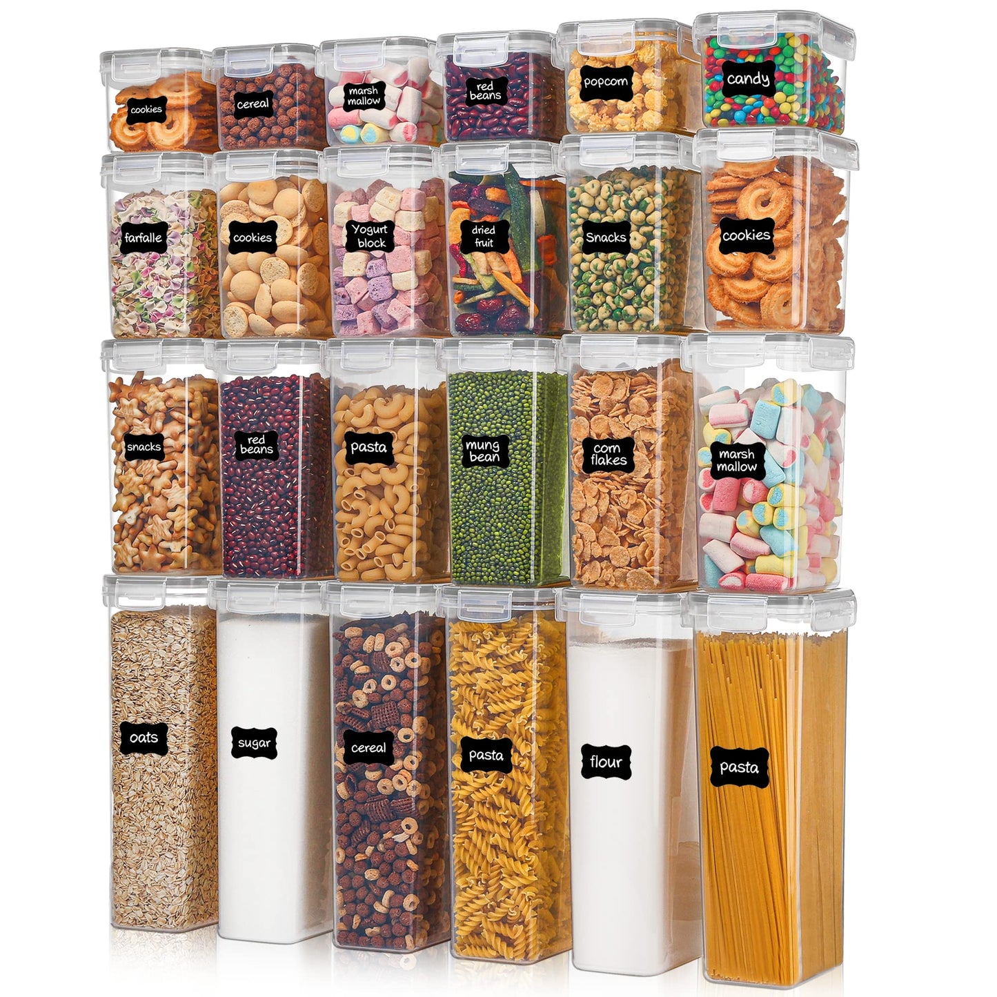 Airtight Food Storage Containers with Lids, Vtopmart 24 pcs Plastic Kitchen and Pantry Organization Canisters for Cereal, Dry Food, Flour and Sugar, BPA Free, Includes 24 Labels,Black