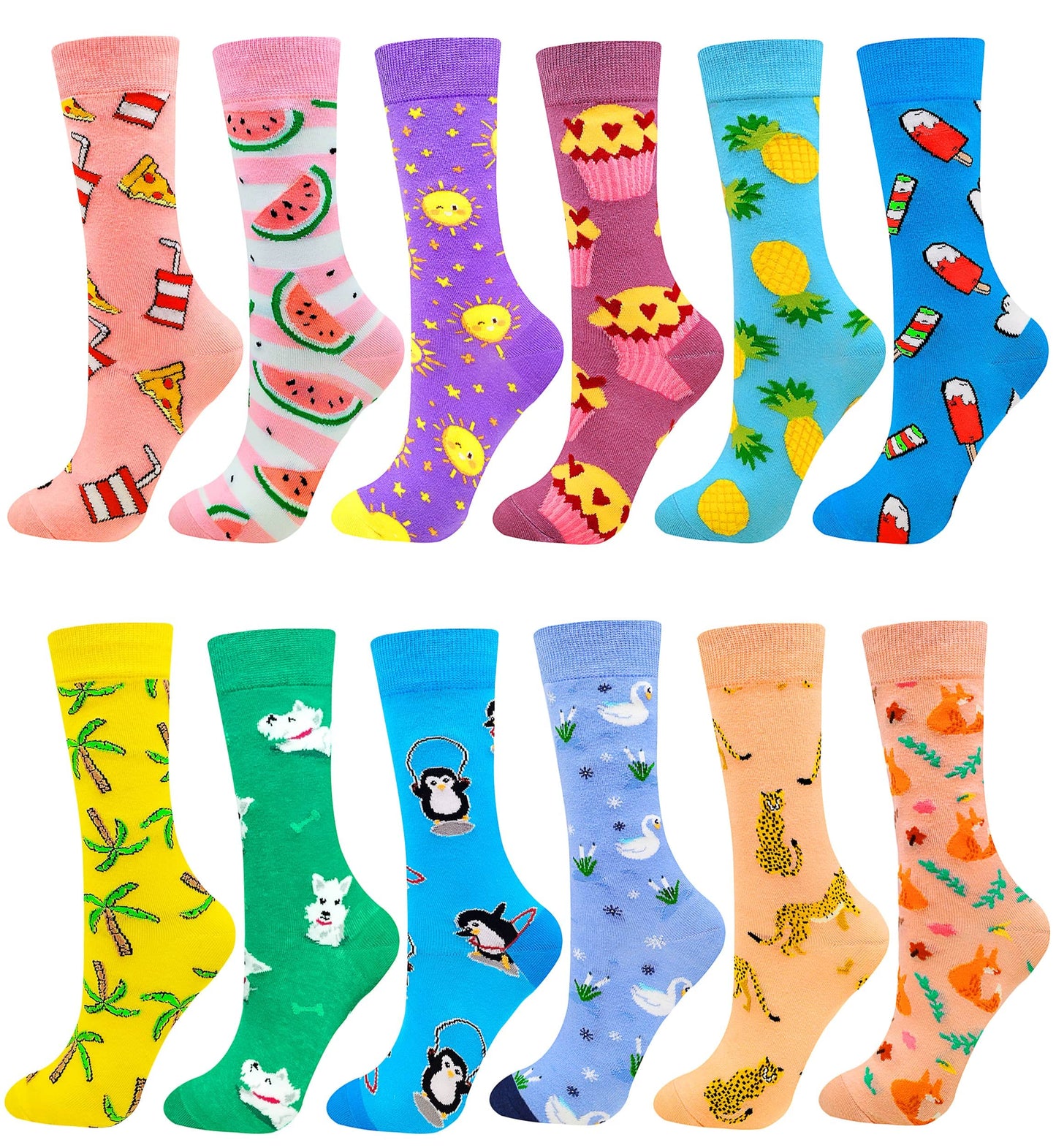 Funny Socks Women Fun Colorful Novelty Crazy Floral Patterned Sock Crew, Premium Cotton, Size 6-11, 12 Pairs US031205