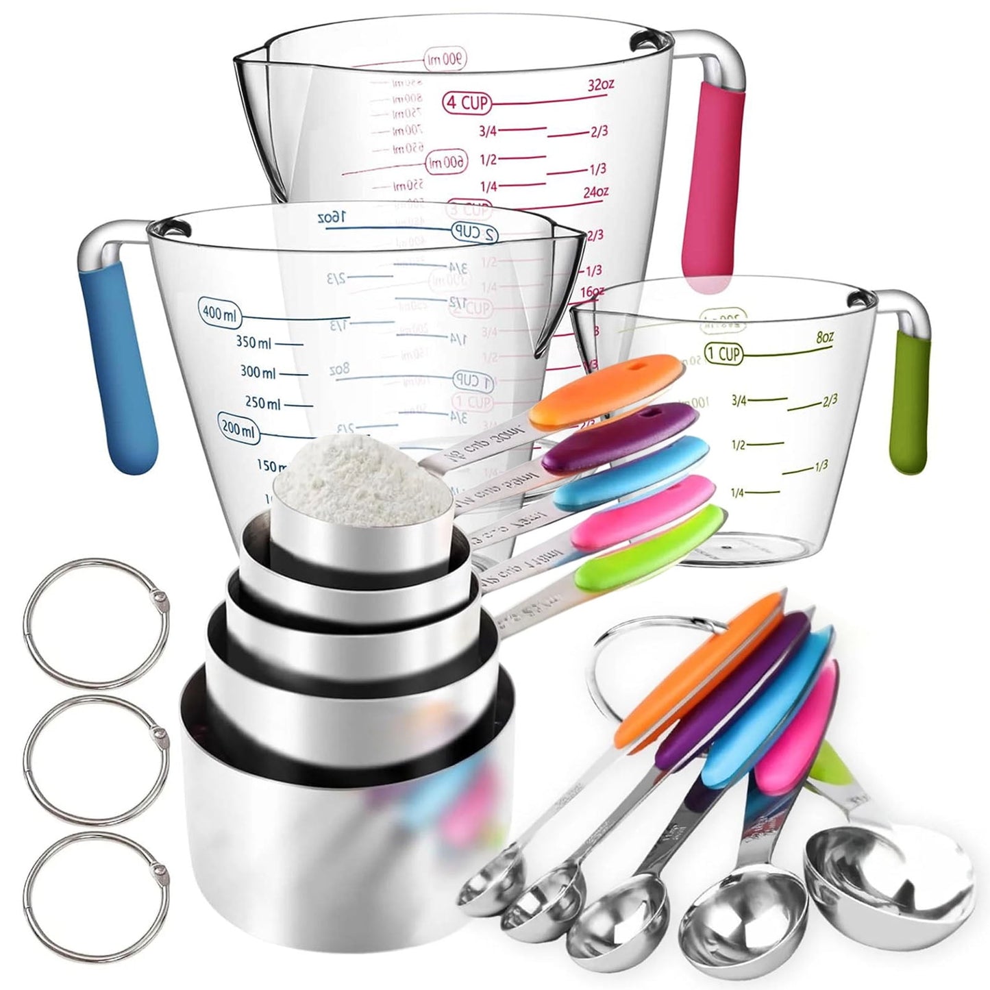 Square 14-Piece Measuring Cups and Spoons Set, Nesting Stainless Steel Measuring Cups Spoons with Plastic Measuring Cup for Dry and Liquid Ingredients, Kitchen Cooking & Baking Gadgets