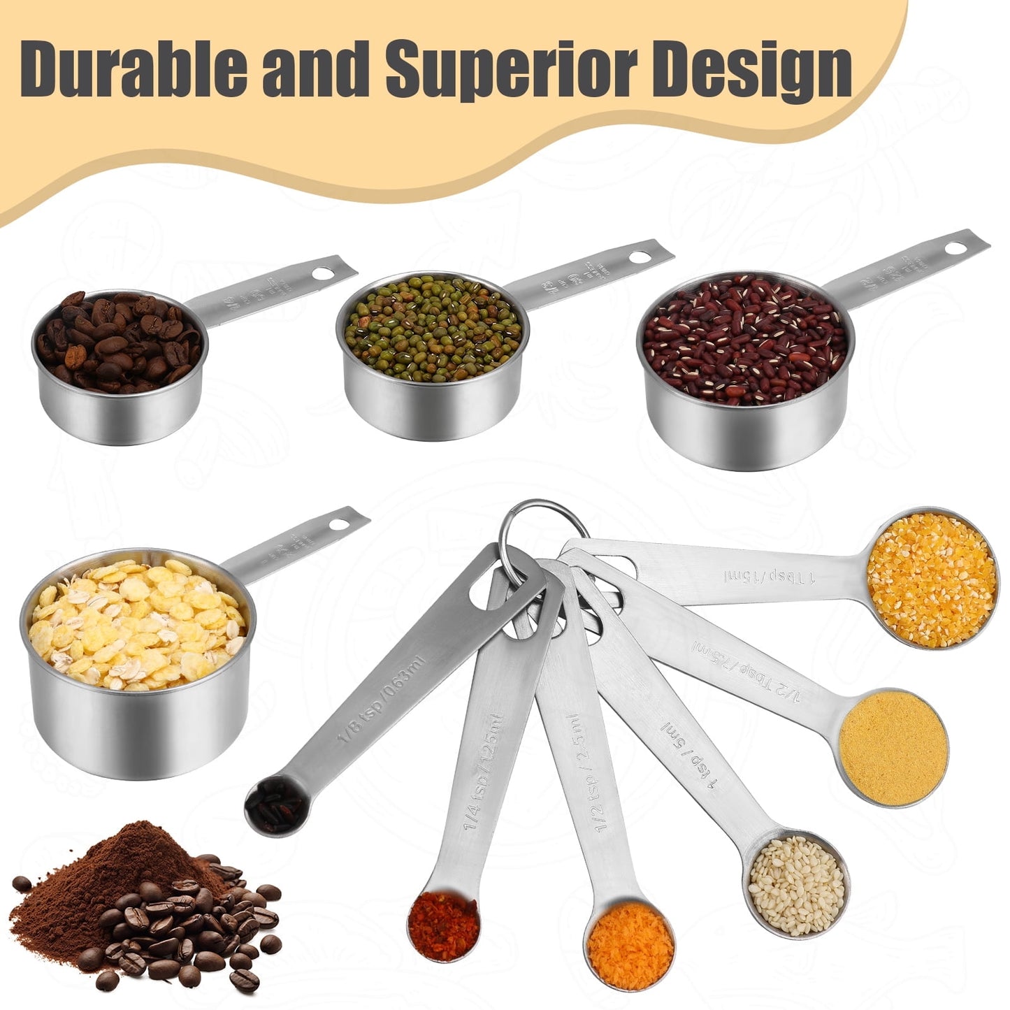 Square 14-Piece Measuring Cups and Spoons Set, Nesting Stainless Steel Measuring Cups Spoons with Plastic Measuring Cup for Dry and Liquid Ingredients, Kitchen Cooking & Baking Gadgets