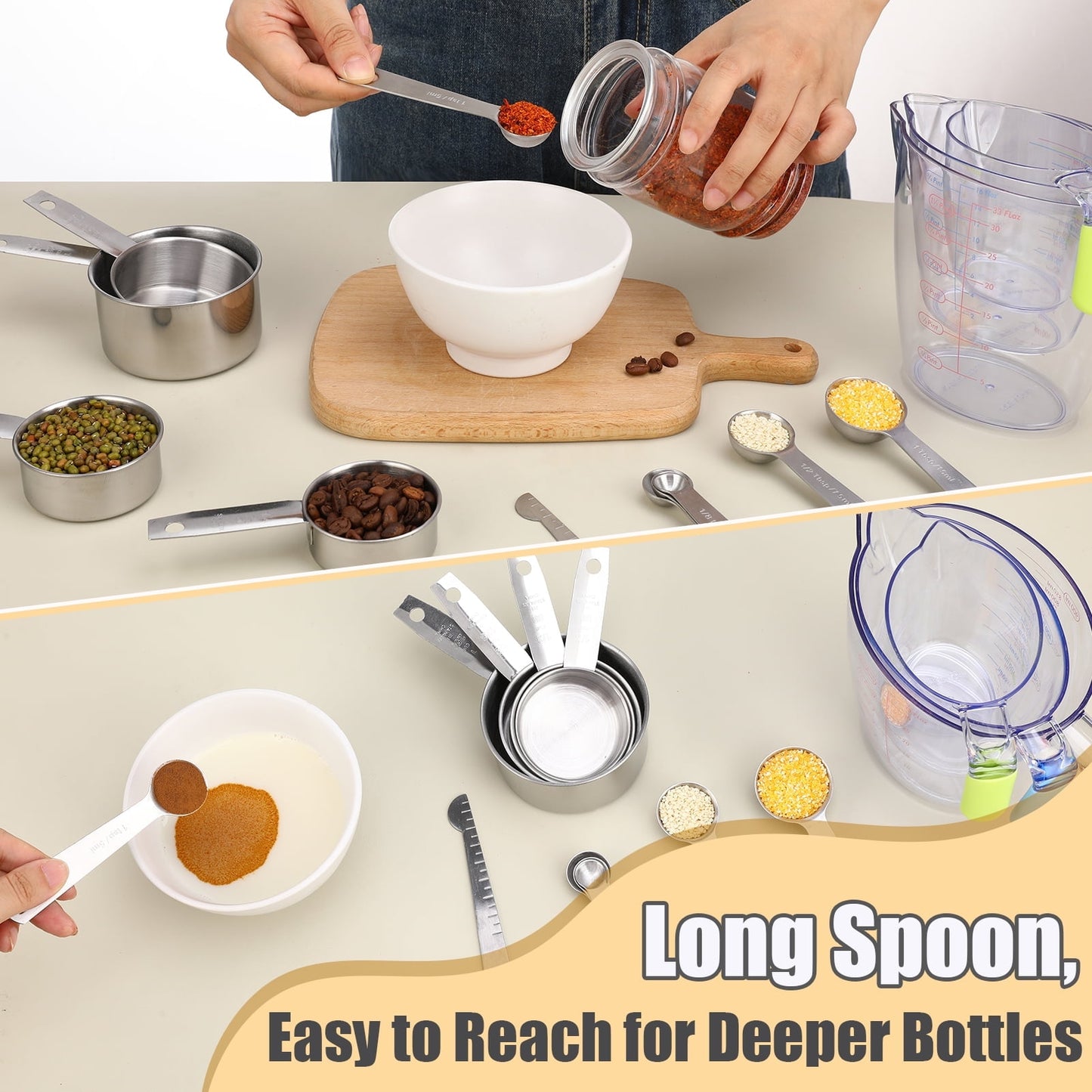 Square 14-Piece Measuring Cups and Spoons Set, Nesting Stainless Steel Measuring Cups Spoons with Plastic Measuring Cup for Dry and Liquid Ingredients, Kitchen Cooking & Baking Gadgets