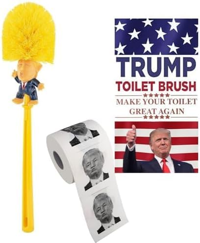 Trump Toilet Brush ＆ Toilet Paper Roll Set, Funny Gag Gift Toilet Bowl Brush for Bathroom Cleaning, Make Your Toilet Great Again