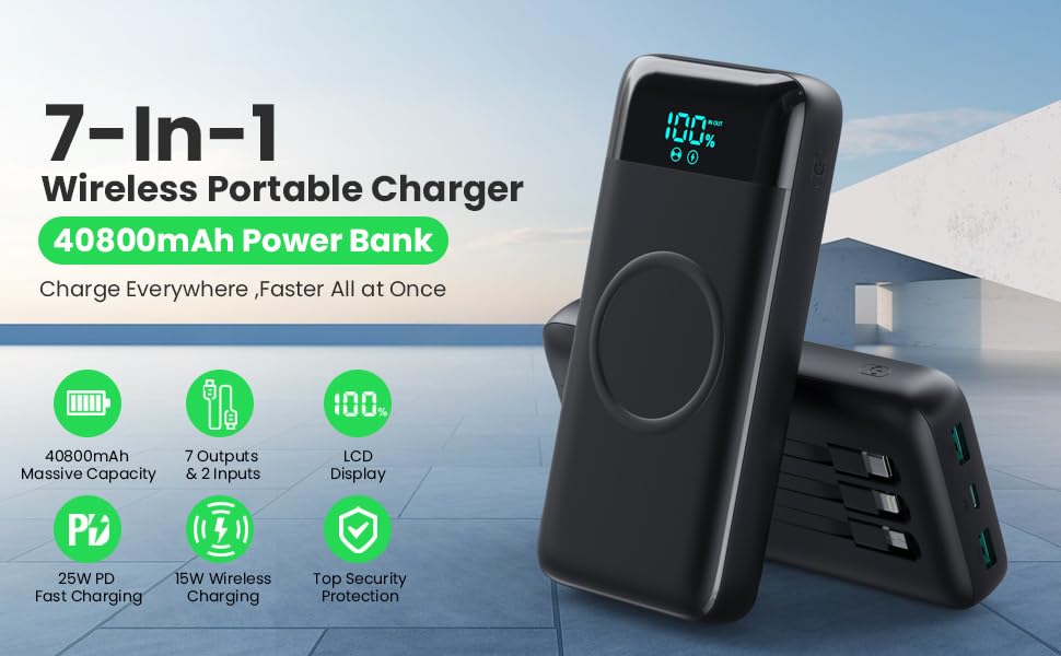 Wireless Portable Charger 40800mAh with 3 Built-in Cables,7-in-1 15W Wireless Charging Power Bank,25W PD QC 4.0 Fast Charging USB C LCD Display Battery Pack for iPhone 17/16/15/13,Samsung,Android etc